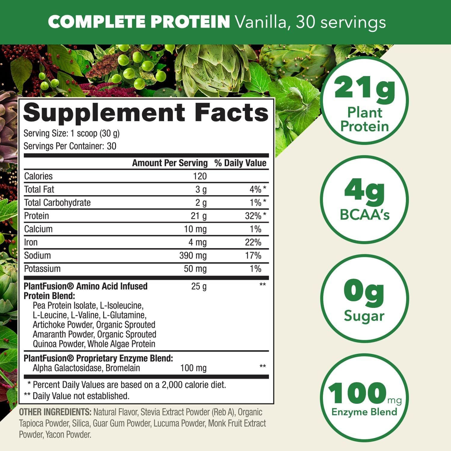 Communicates multiple key nutritional benefits and features of the protein powder in a visually segmented layout to help shoppers quickly understand the product's value proposition.