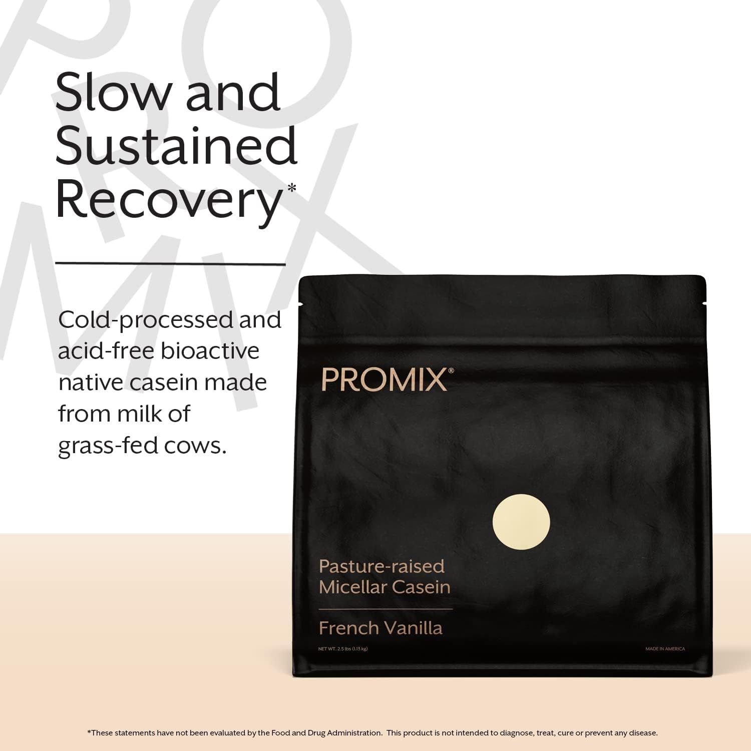 Communicates the product's primary benefit of slow and sustained recovery, emphasizing the premium quality ingredients (cold-processed, acid-free, bioactive native casein from grass-fed cows) to…
