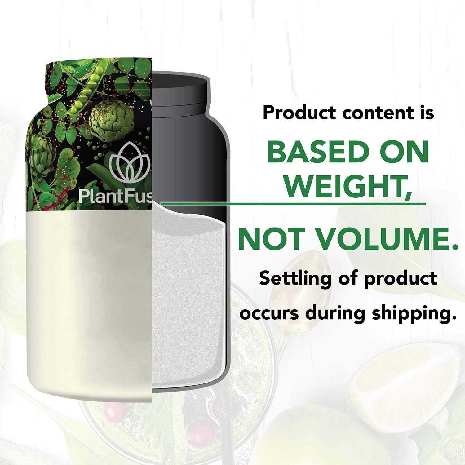 Informs shoppers that the product is measured by weight rather than volume and that settling during shipping is normal, managing expectations about fill level.