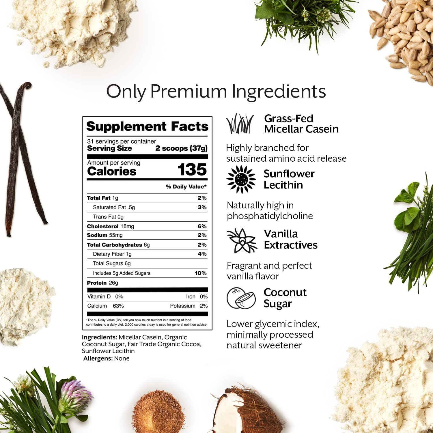 Communicates the premium quality and specific benefits of each ingredient in the supplement, reassuring shoppers about ingredient sourcing and nutritional value.