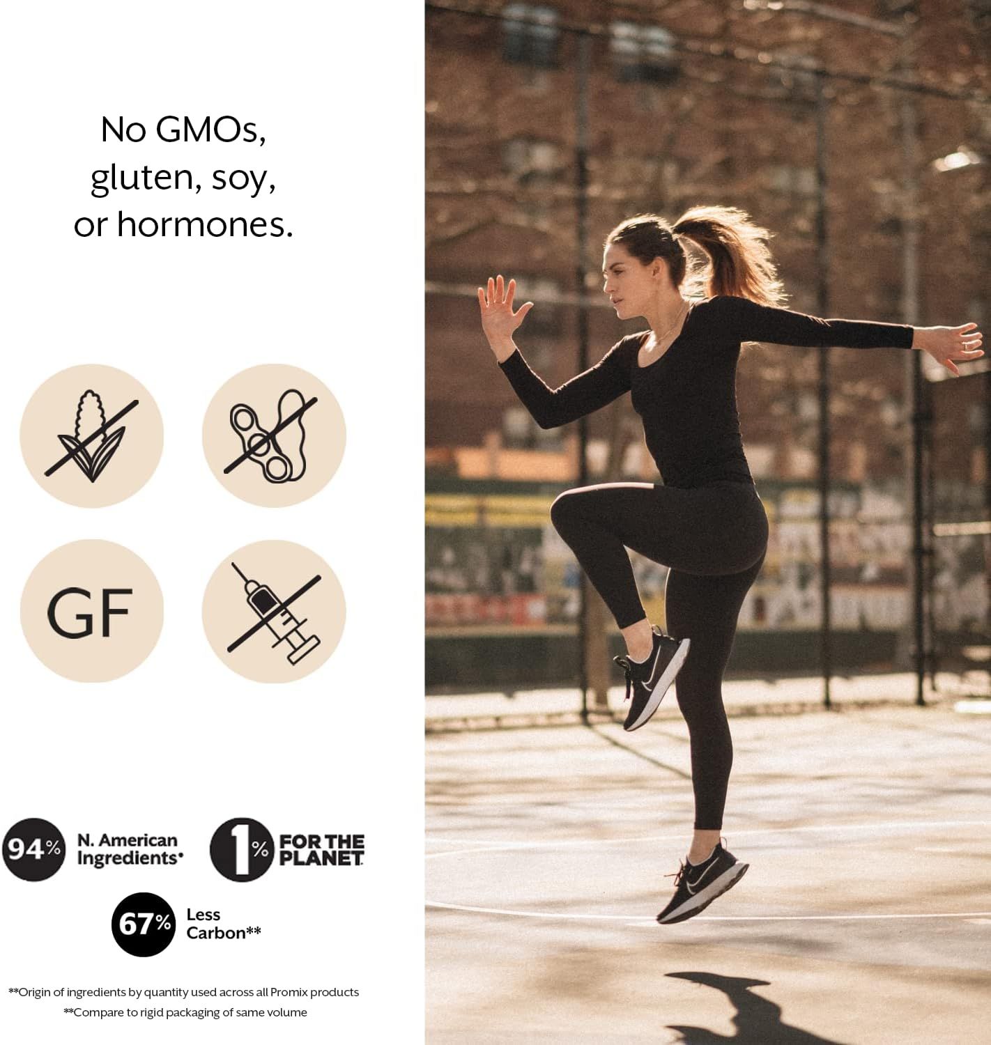 Communicates multiple product benefits including dietary safety (no GMOs, gluten, soy, hormones), ingredient sourcing, environmental commitment, and reduced carbon footprint to appeal to…