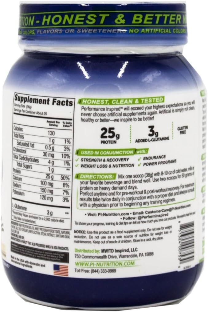 Communicates multiple key product benefits in a segmented layout, including high protein content, added L-Glutamine, gluten-free certification, and versatility across different fitness goals to…