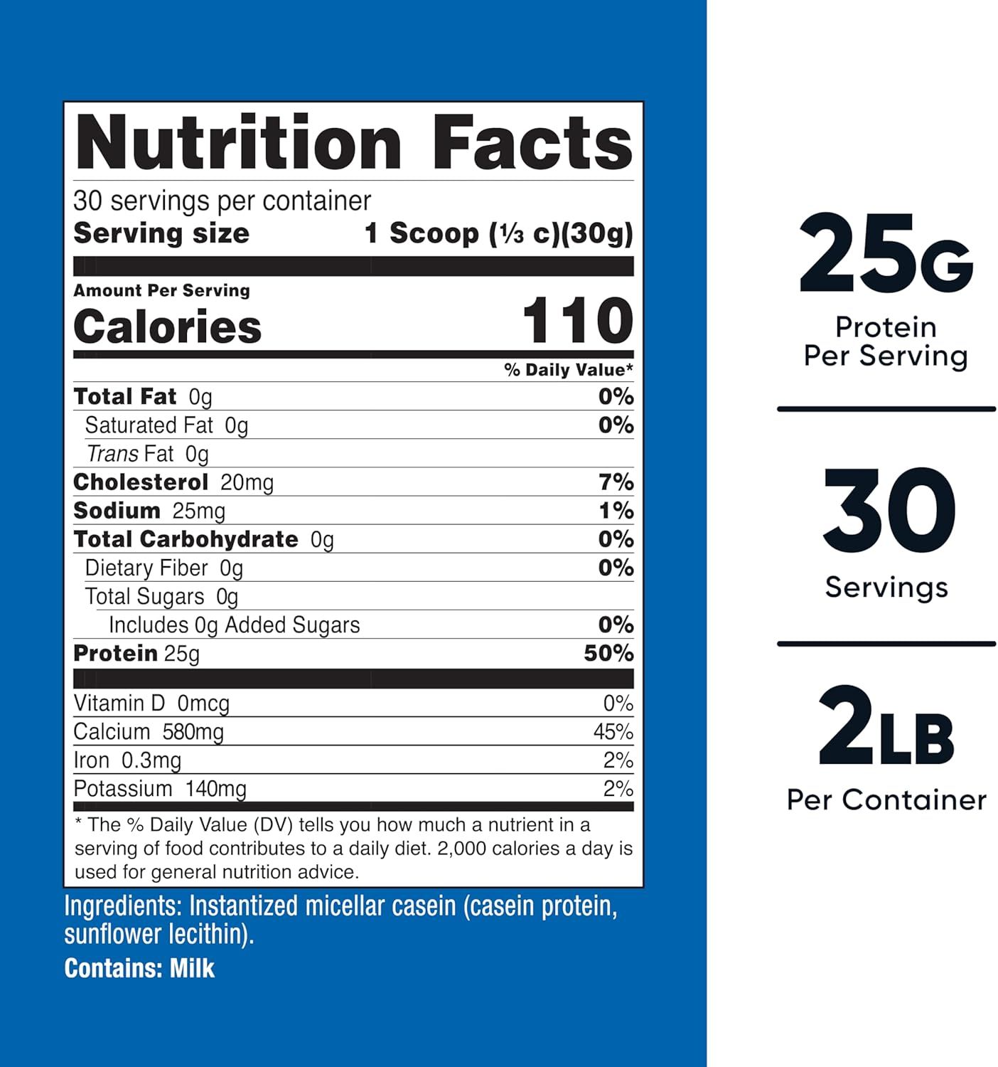 Communicates multiple nutritional benefits of the protein powder in a segmented layout, highlighting 25g protein per serving, 30 servings total, and 2lb container size to appeal to fitness-focused…