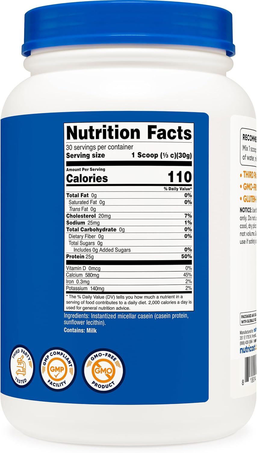 Communicates product safety and quality through certification badges, reassuring shoppers that the protein powder meets third-party testing standards, is manufactured in a GMP-compliant facility,…