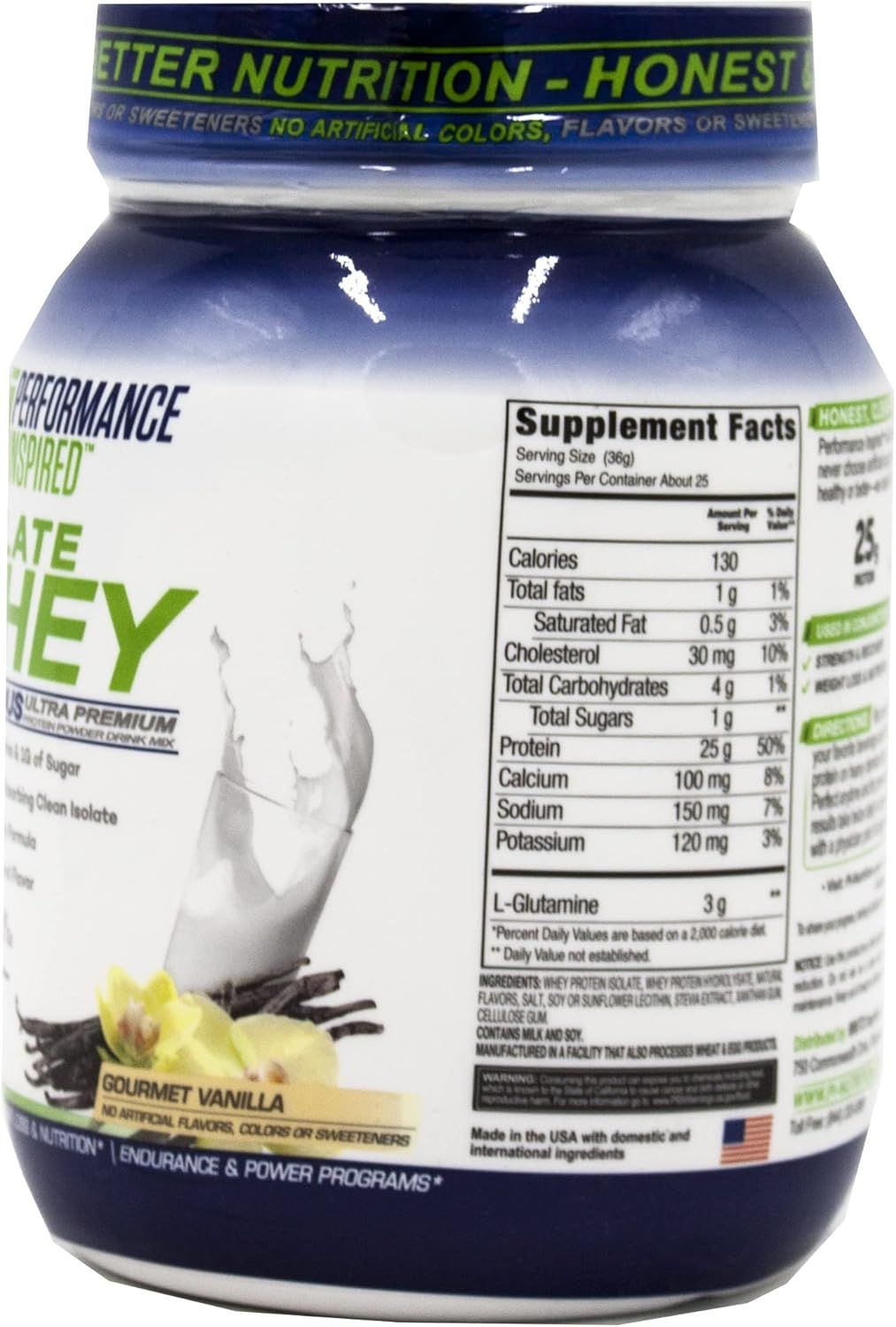Provides a clean, catalog-style view of the protein powder container showing the supplement facts panel, flavor, and branding to help shoppers understand the product details.