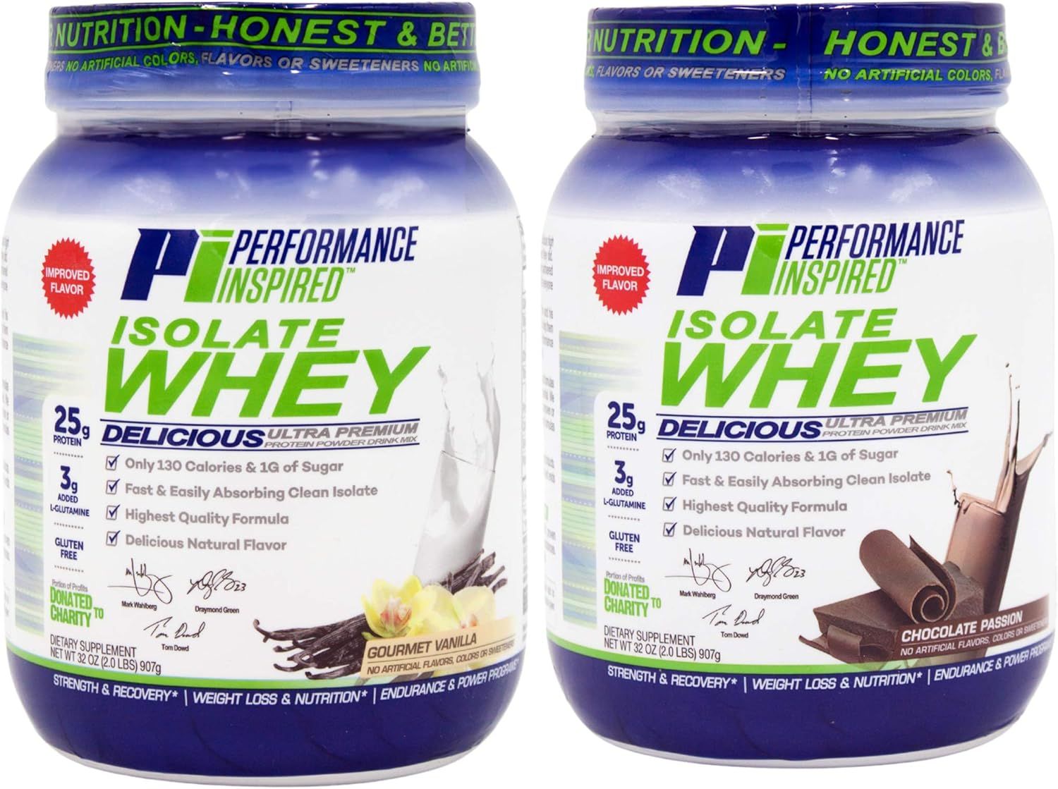 Showcases the brand's product lineup by displaying two flavor options (Gourmet Vanilla and Chocolate Passion) side-by-side, helping shoppers understand the available variants within the Performance…