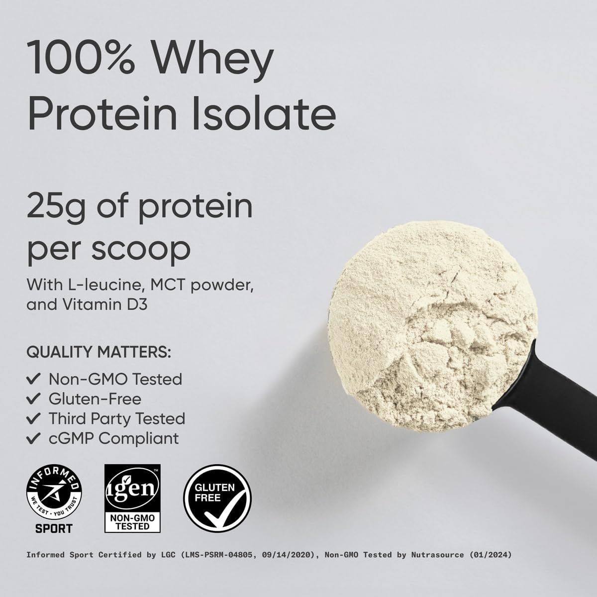 Highlights the high protein content per serving to communicate the product's effectiveness and value for fitness and nutrition goals. Reassures shoppers about product quality, safety, and…