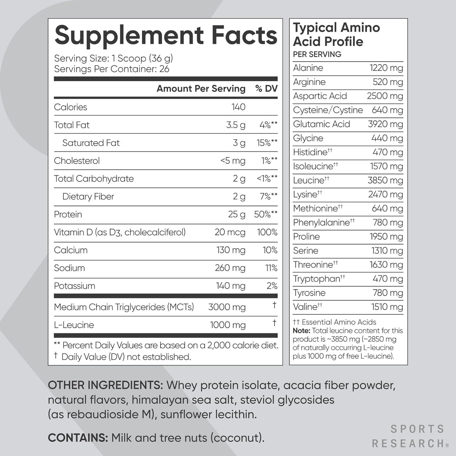 Provides detailed nutritional information and amino acid composition to inform shoppers about the product's ingredients and help them understand what they're consuming per serving.