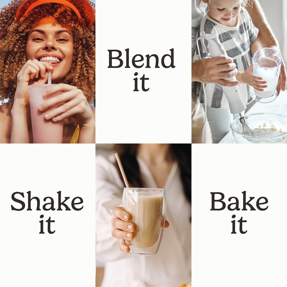 Demonstrates the versatility of the product by showing three distinct applications—blending smoothies, making shakes, and baking—to communicate that it serves multiple purposes in the kitchen.