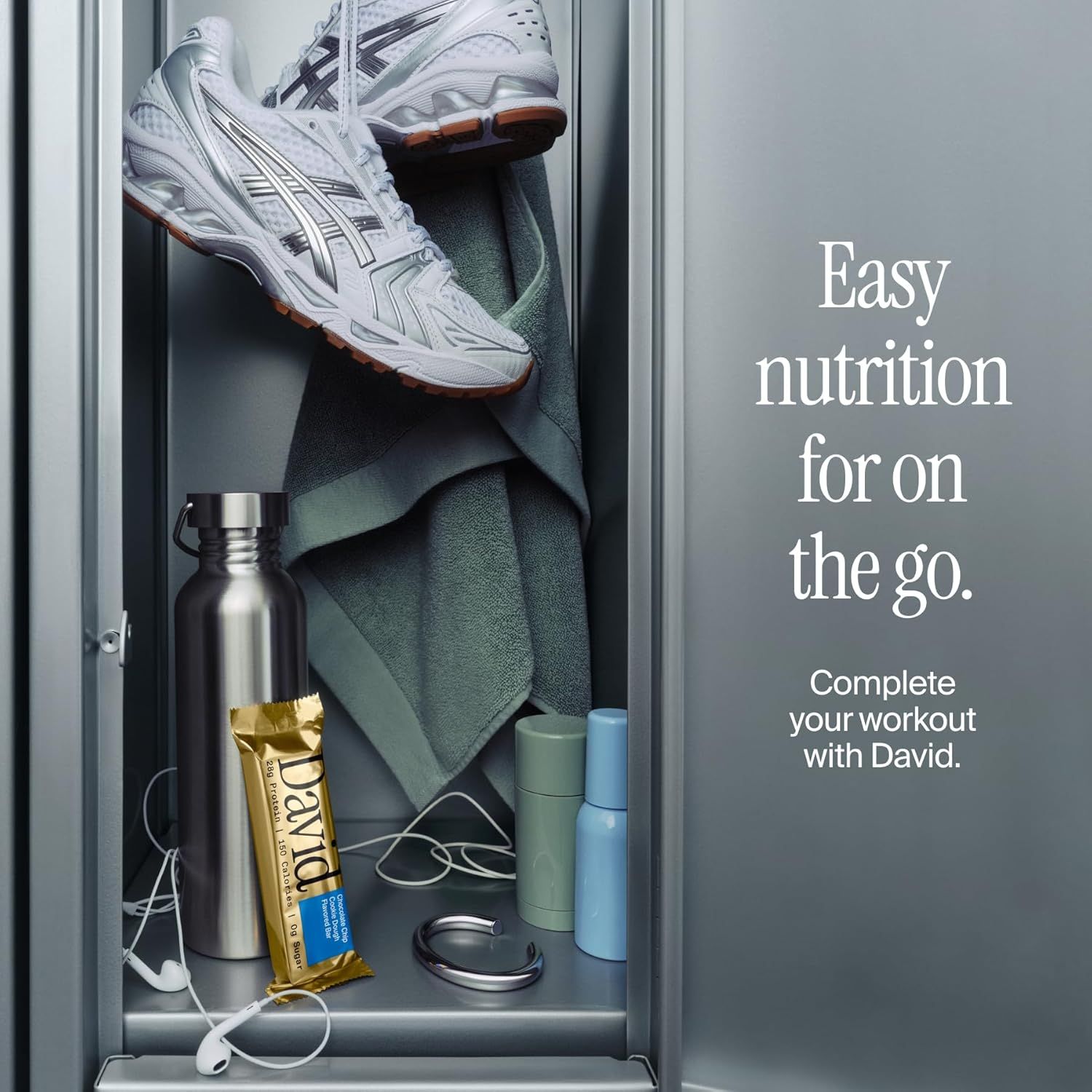 Demonstrates the product's portability and convenience for active lifestyles, showing it fits seamlessly into a gym locker alongside workout essentials. Communicates the core benefit of easy,…