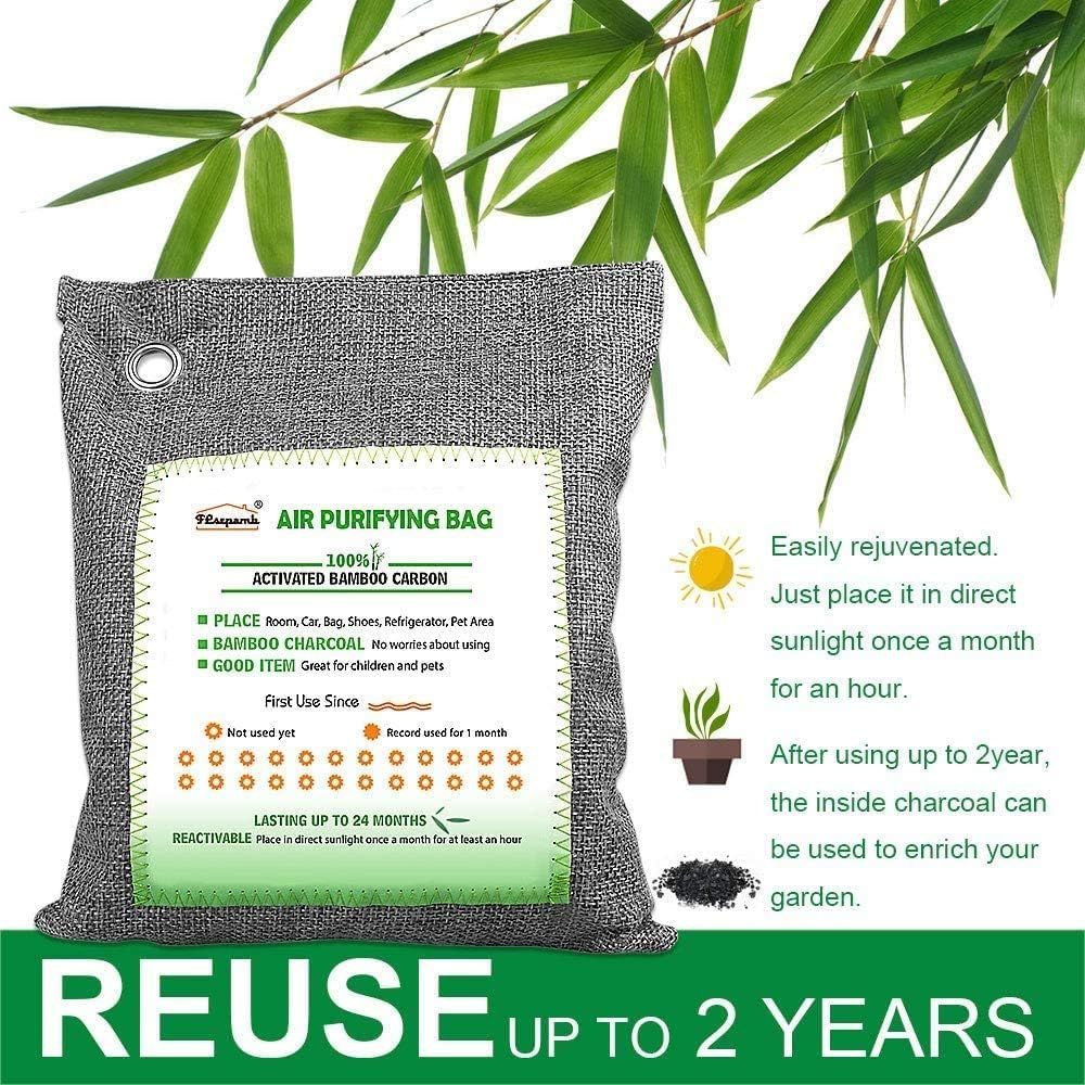 Communicates multiple benefits of the air purifying bag: its 2-year reusability, simple monthly sunlight rejuvenation process, and sustainable end-of-life use as garden enrichment. Emphasizes the…
