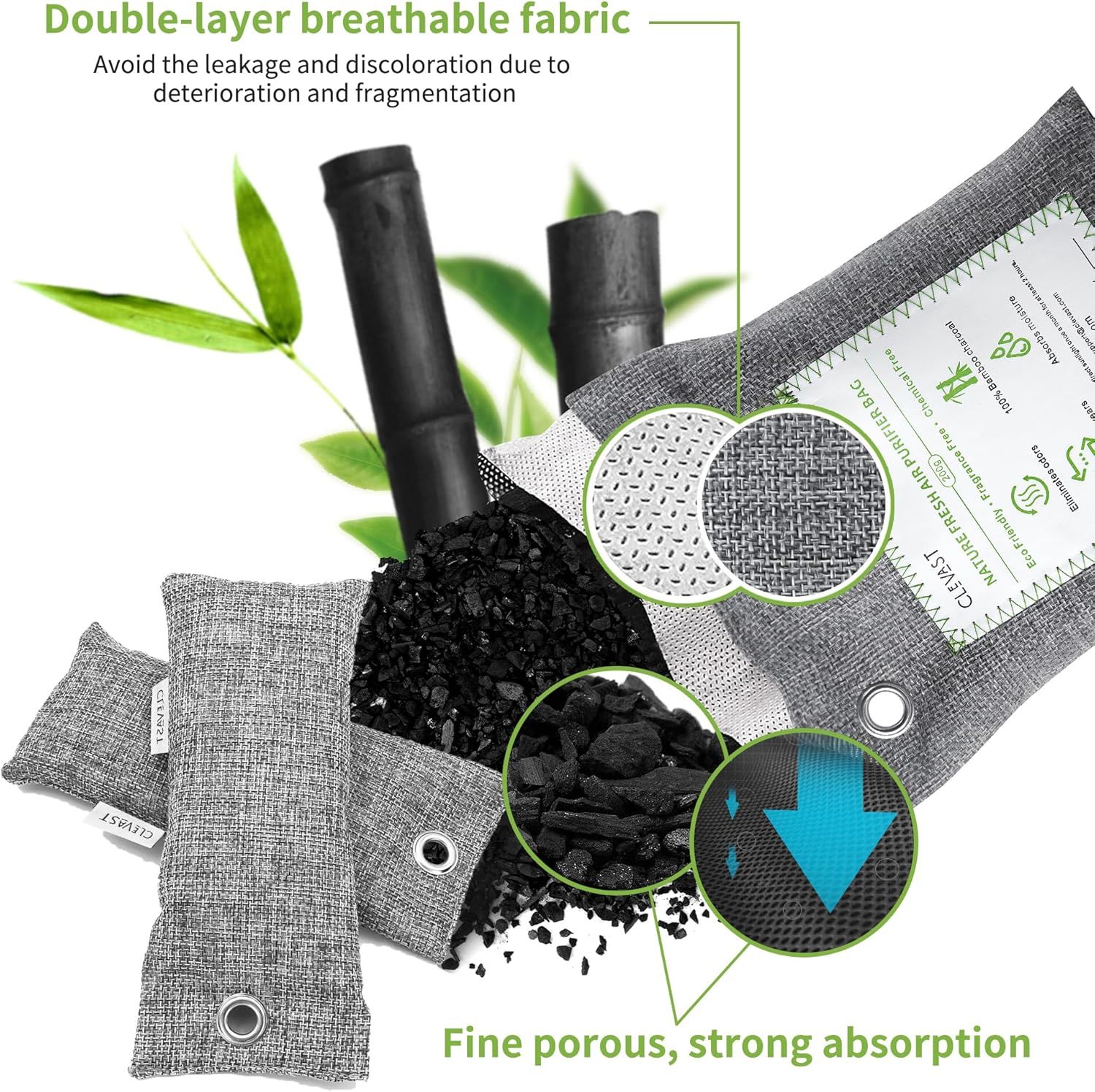 Breaks down the physical construction of the charcoal air purifying bags to show the double-layer breathable fabric and fine porous structure that enables strong absorption and prevents leakage and…