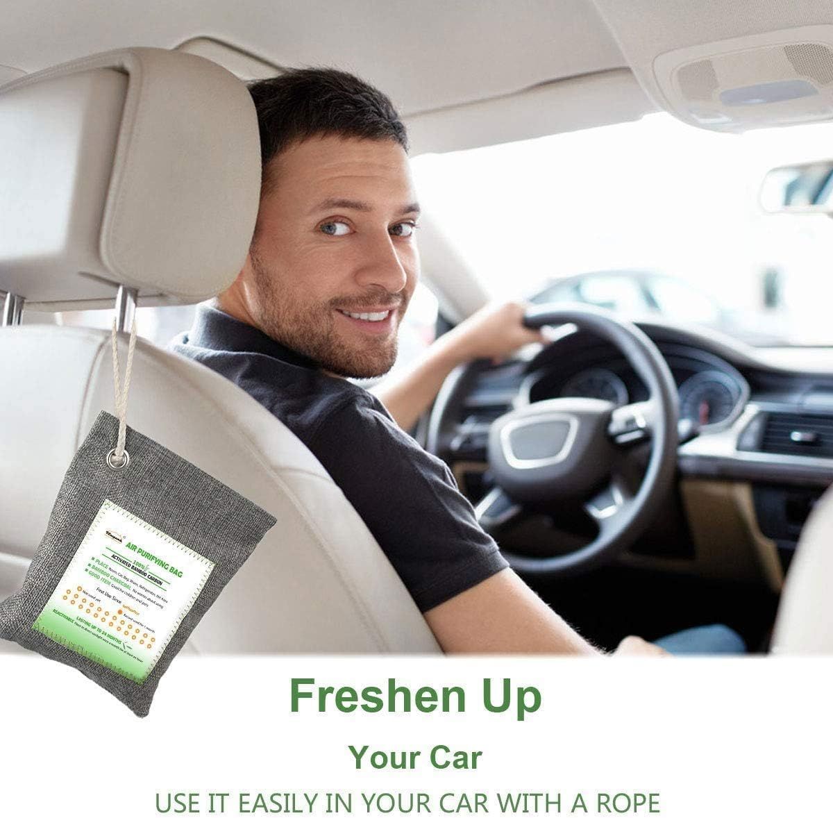 Demonstrates the product's use case in a car environment, showing how the air freshening bag can be hung and used to freshen up vehicle interiors. Communicates the primary benefit of freshening up…
