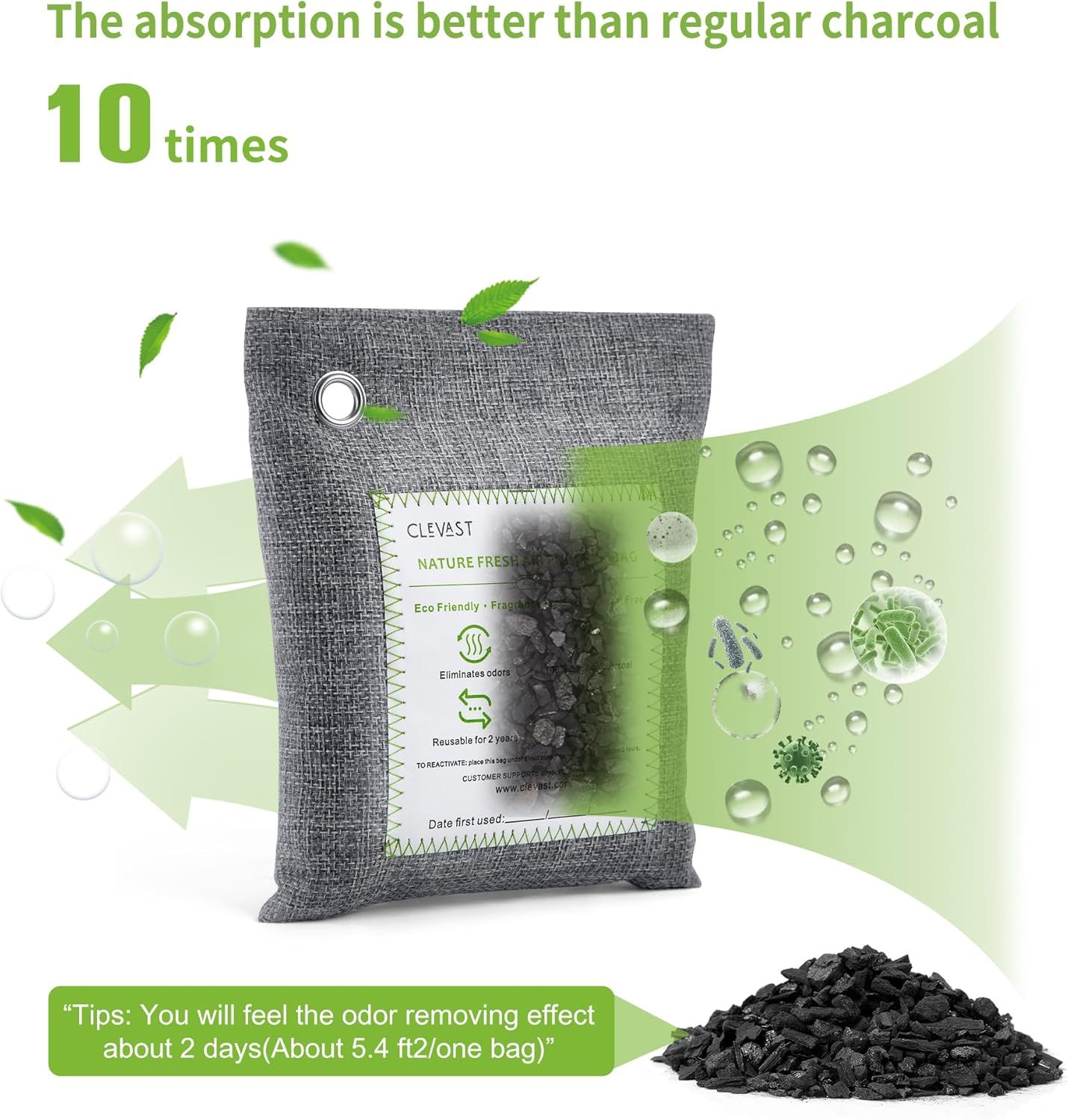 Communicates a quantifiable performance claim that this charcoal product absorbs 10 times better than regular charcoal, establishing product superiority and effectiveness. Reinforces the primary…