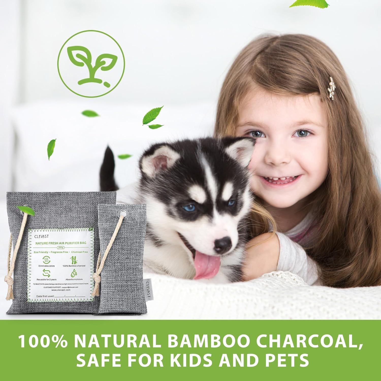 Communicates that the product is made from 100% natural bamboo charcoal and is safe for children and pets, while also being environmentally responsible. Highlights the core benefit of the product…