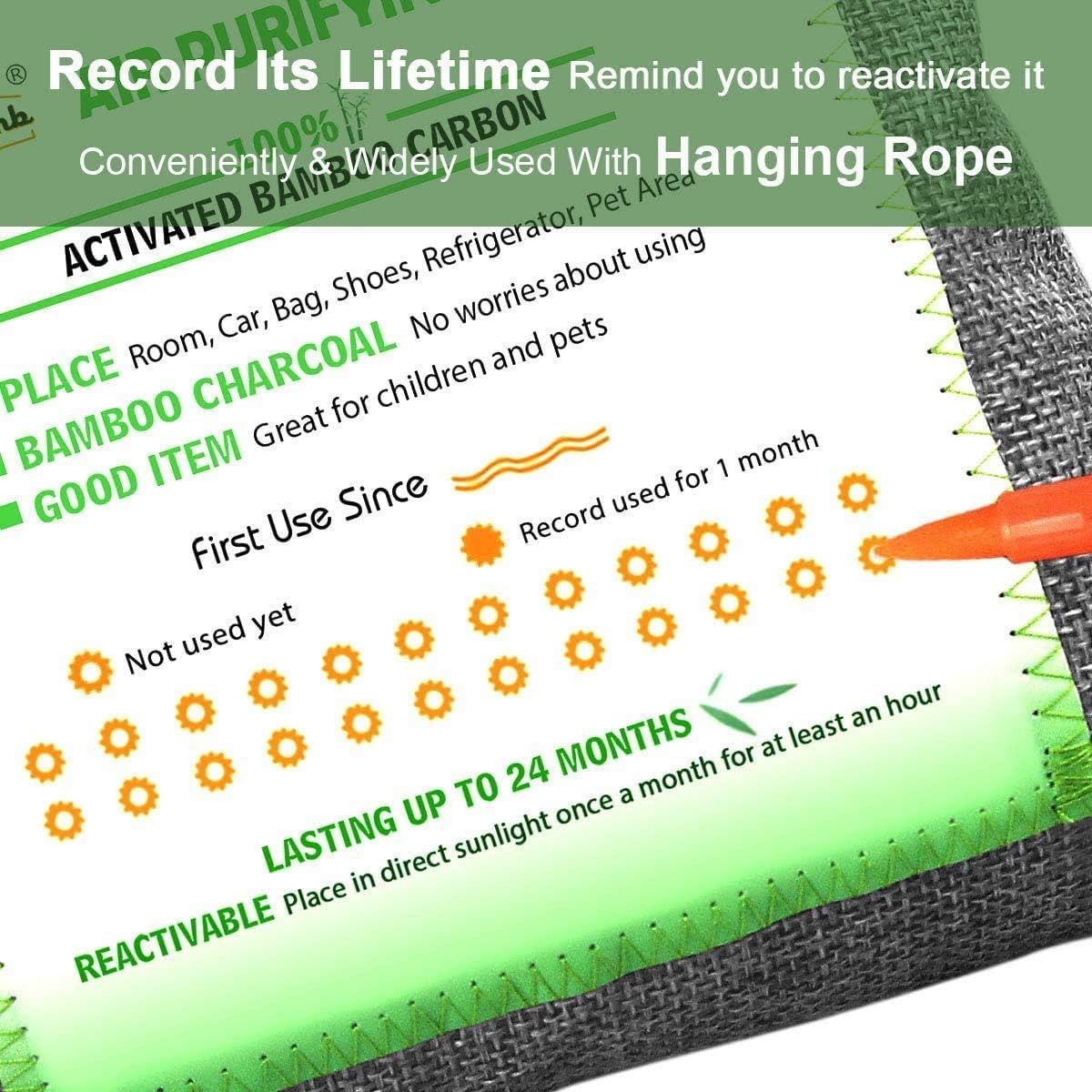 Explains how to use and reactivate the bamboo charcoal product, including placement instructions, usage timeline tracking with visual indicators, and reactivation steps to extend product life up to…