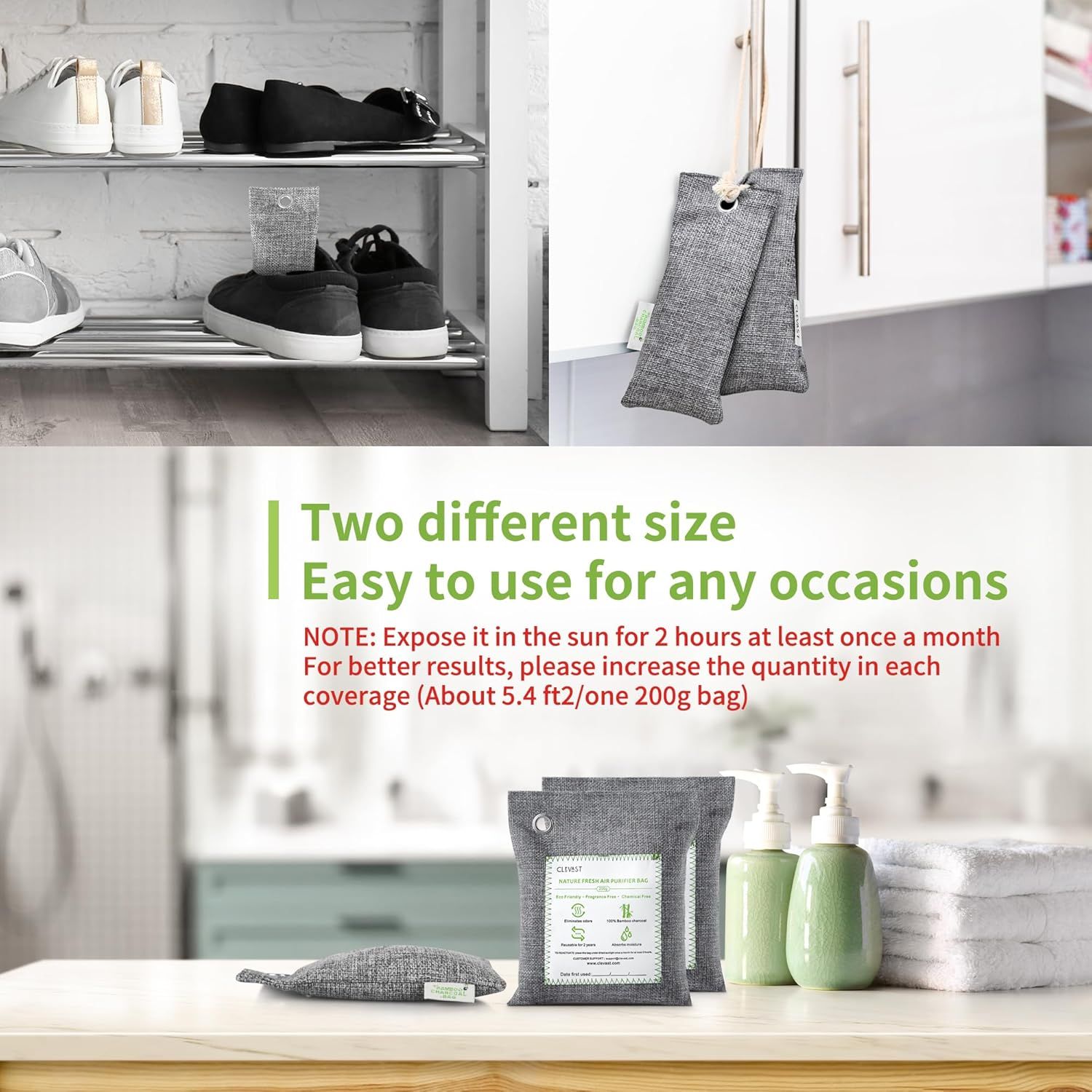 Demonstrates the product's versatility by showing it can be used in multiple locations and scenarios (shoe storage, closet hanging, bathroom/countertop), reassuring shoppers of its broad…