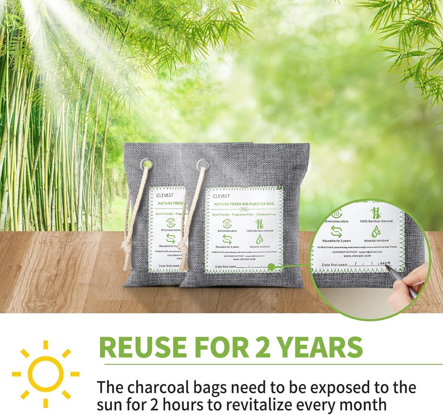 Communicates the product's environmental responsibility and sustainability by highlighting its eco-friendly bamboo charcoal material, reusability for 2 years, and chemical-free nature to appeal to…