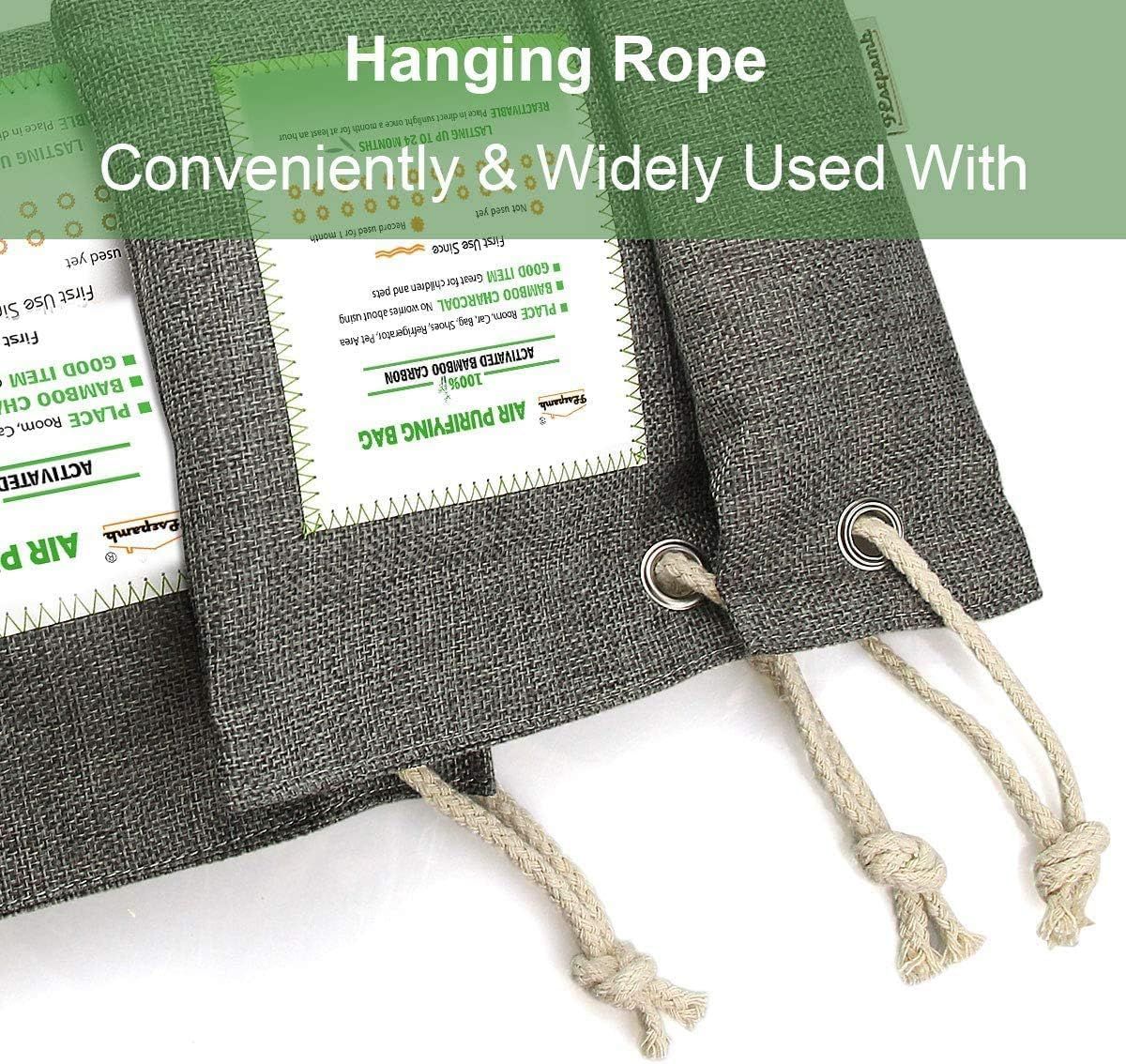 Highlights the product's built-in hanging rope feature with metal grommets, emphasizing ease of use and convenient installation for air purifying bags.