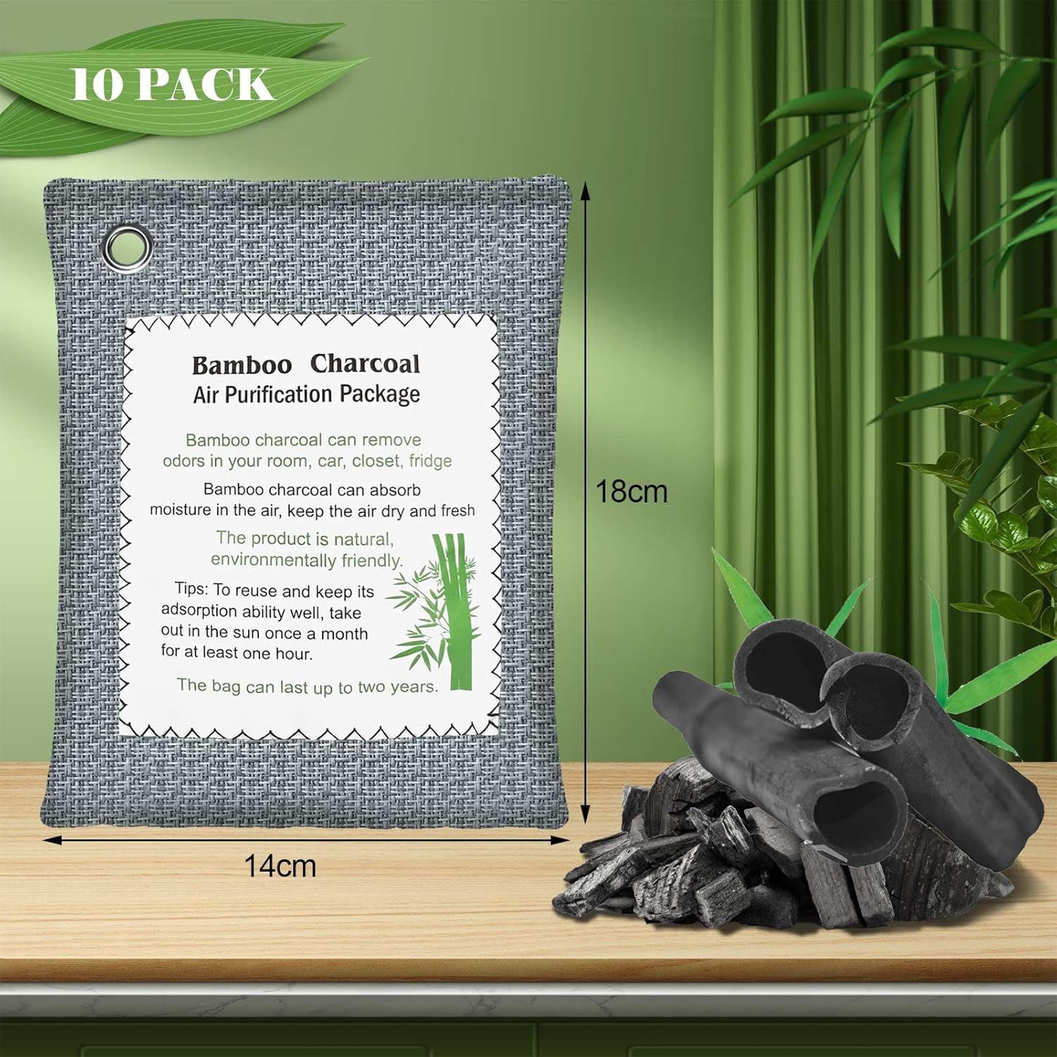 Communicates multiple benefits of the bamboo charcoal air purification product, including odor removal, moisture control, environmental friendliness, reusability, and durability to reassure shoppers…