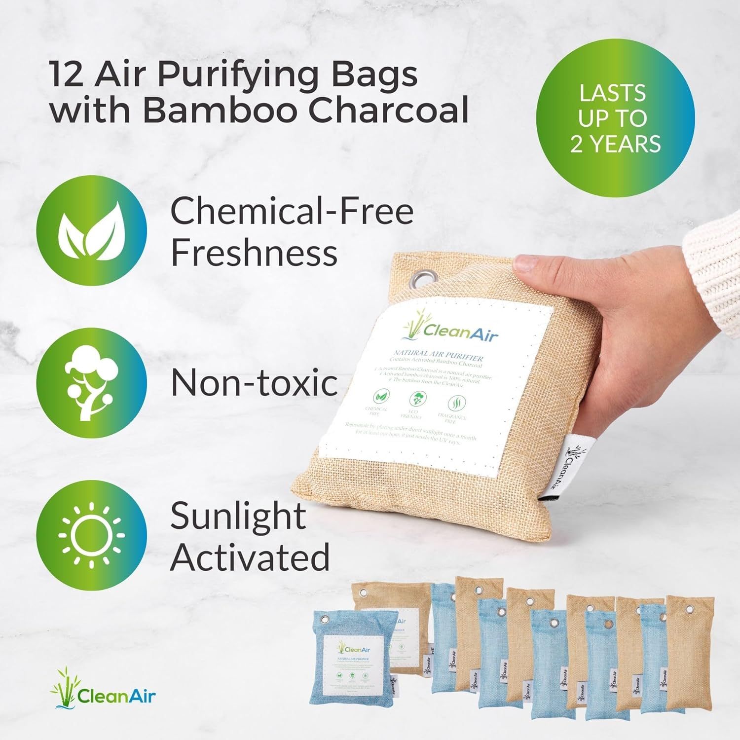 Communicates multiple key benefits of the air purifying bags in a visually segmented layout with icons, emphasizing safety, natural ingredients, activation method, and longevity to reassure shoppers…