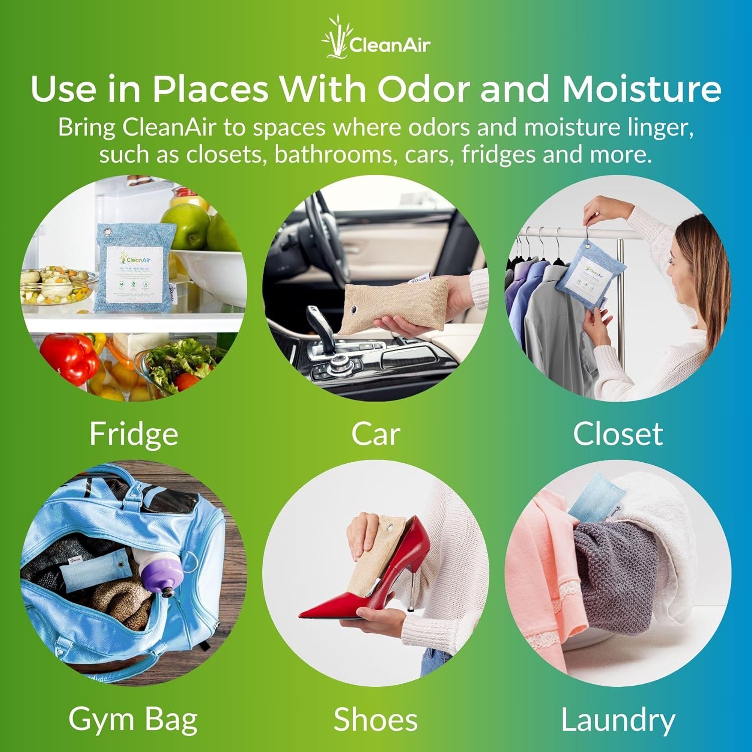 Demonstrates the versatility of CleanAir by showing six different environments where the product can be used to eliminate odor and moisture, helping shoppers understand its wide range of applications.