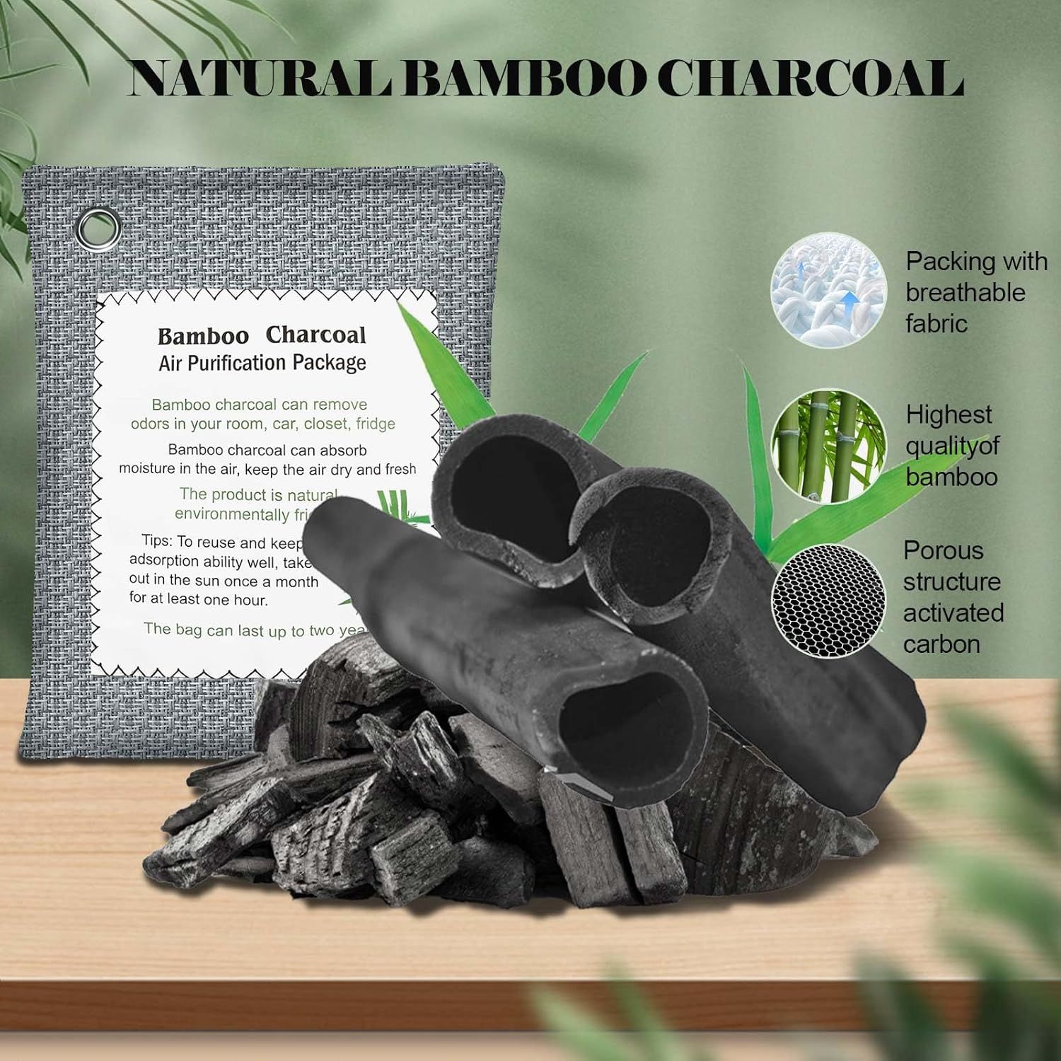 Communicates multiple distinct benefits of the bamboo charcoal air purification product through visually segmented callouts, highlighting the packaging quality, bamboo material quality, and…