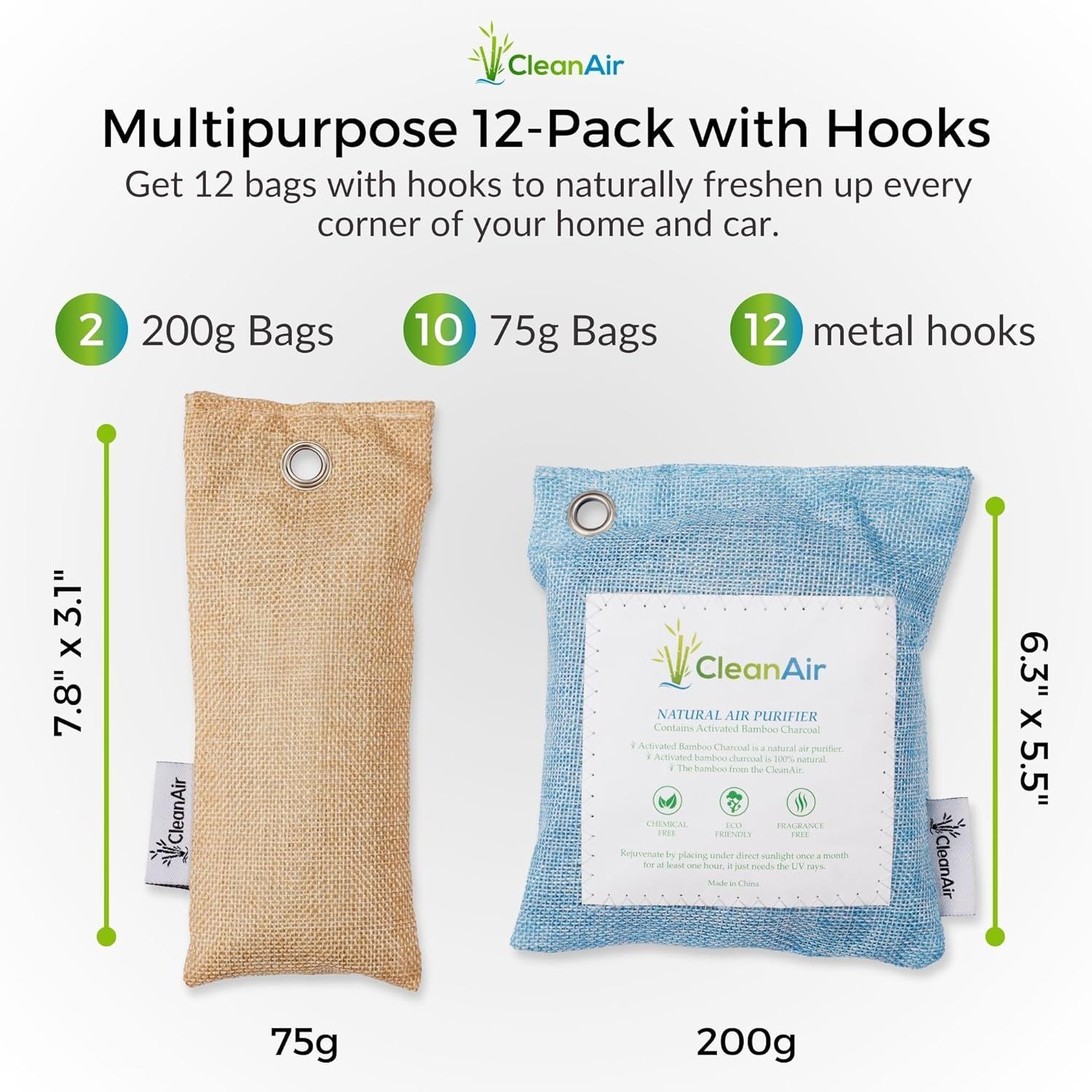 Shows shoppers exactly what they receive in the bundle—2 sizes of air purifier bags (200g and 75g), the total quantity (12 bags), and included metal hooks—to communicate value and versatility.