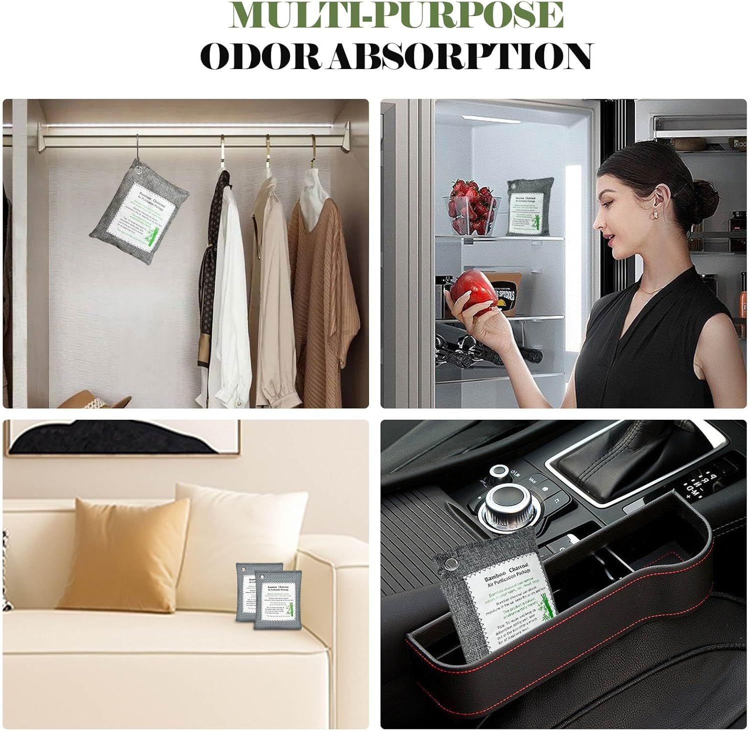Demonstrates the product's versatility by showing it can be used in multiple environments (closet, refrigerator, bedroom, car) to absorb odors and keep spaces fresh.