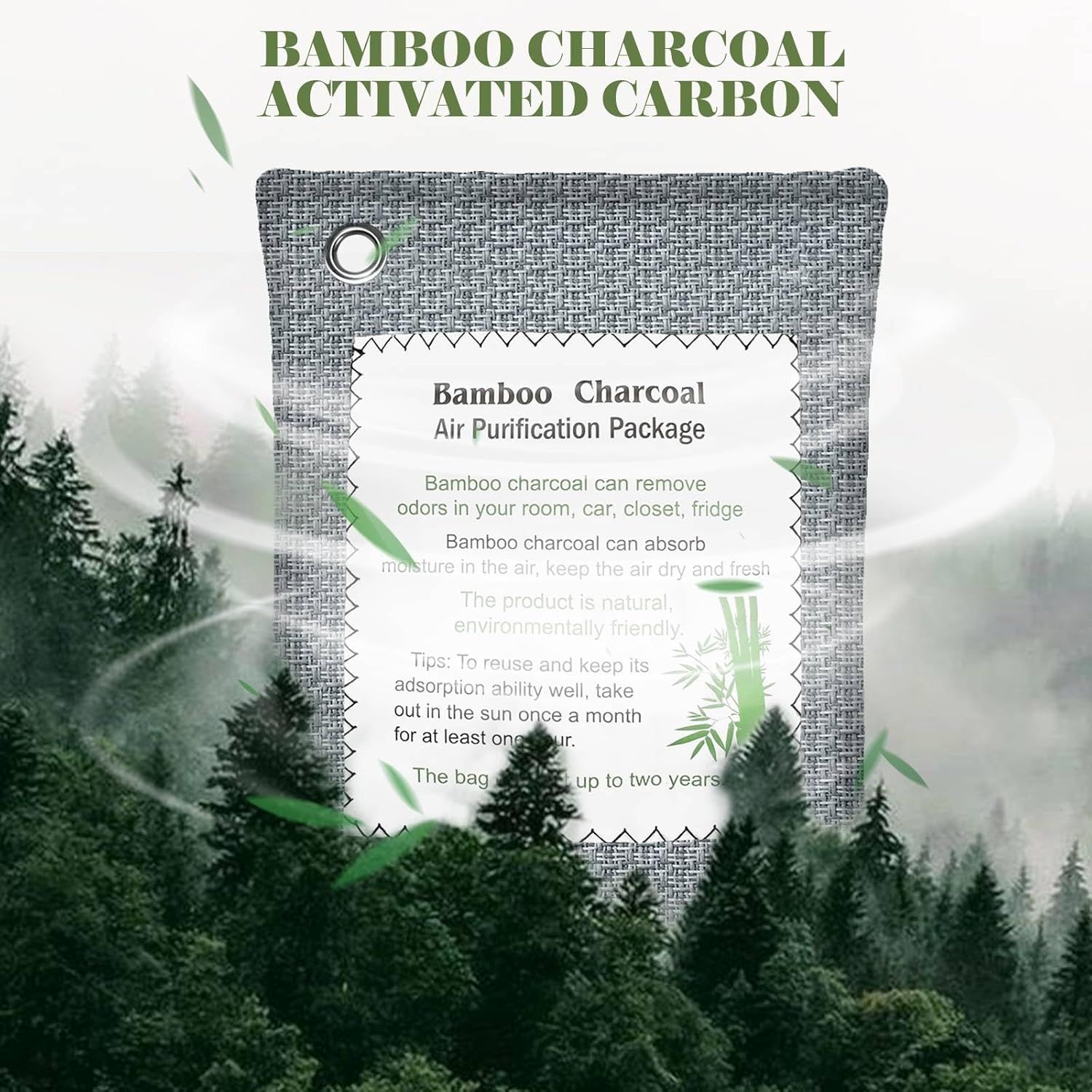 Communicates multiple benefits of the bamboo charcoal air purification product, including odor removal, moisture absorption, environmental friendliness, and reusability to reassure shoppers of its…