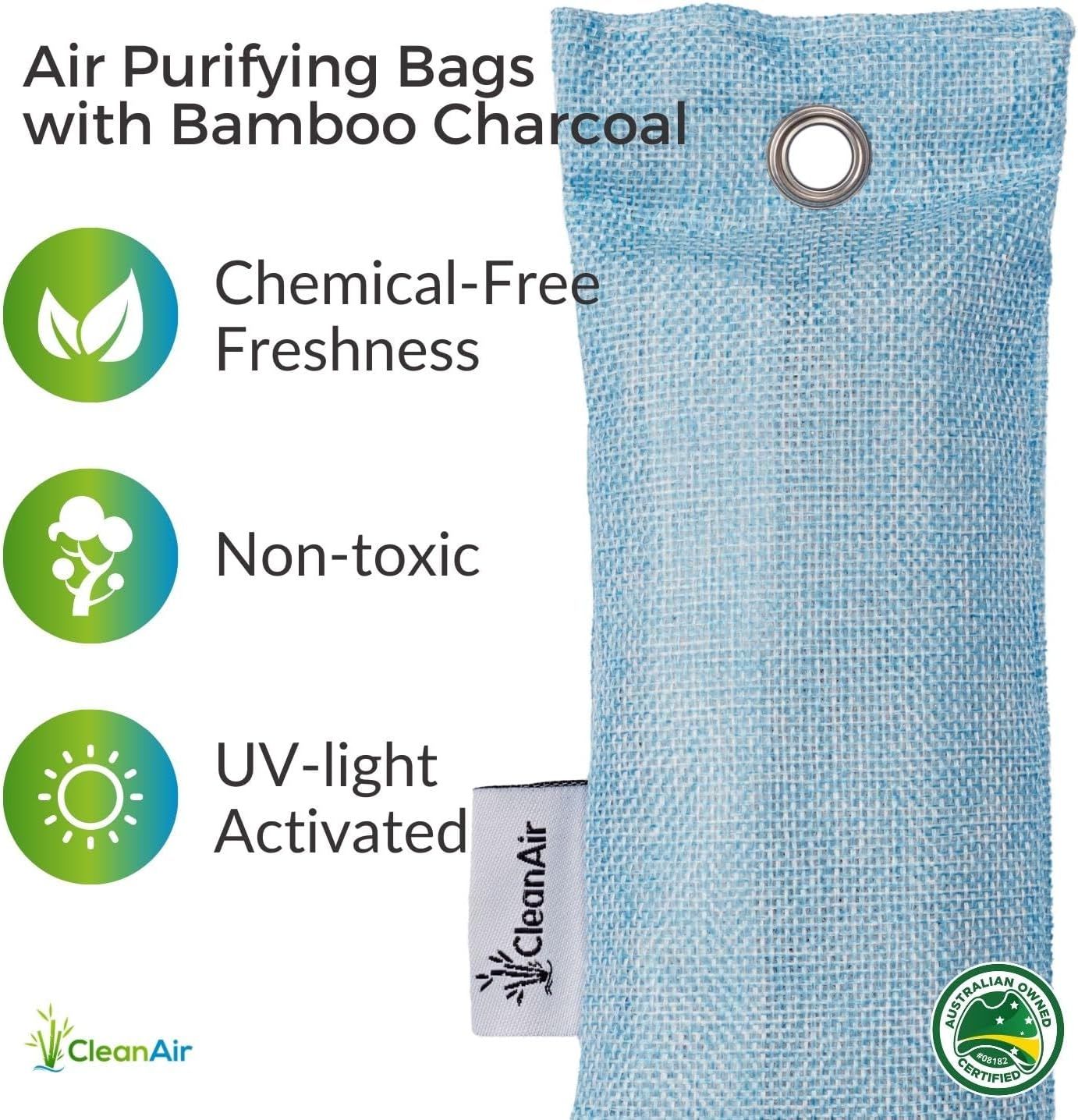 Communicates multiple safety and sustainability benefits of the bamboo charcoal air purifying bag to reassure shoppers it's safe, natural, and effective. Highlights the product's eco-friendly and…