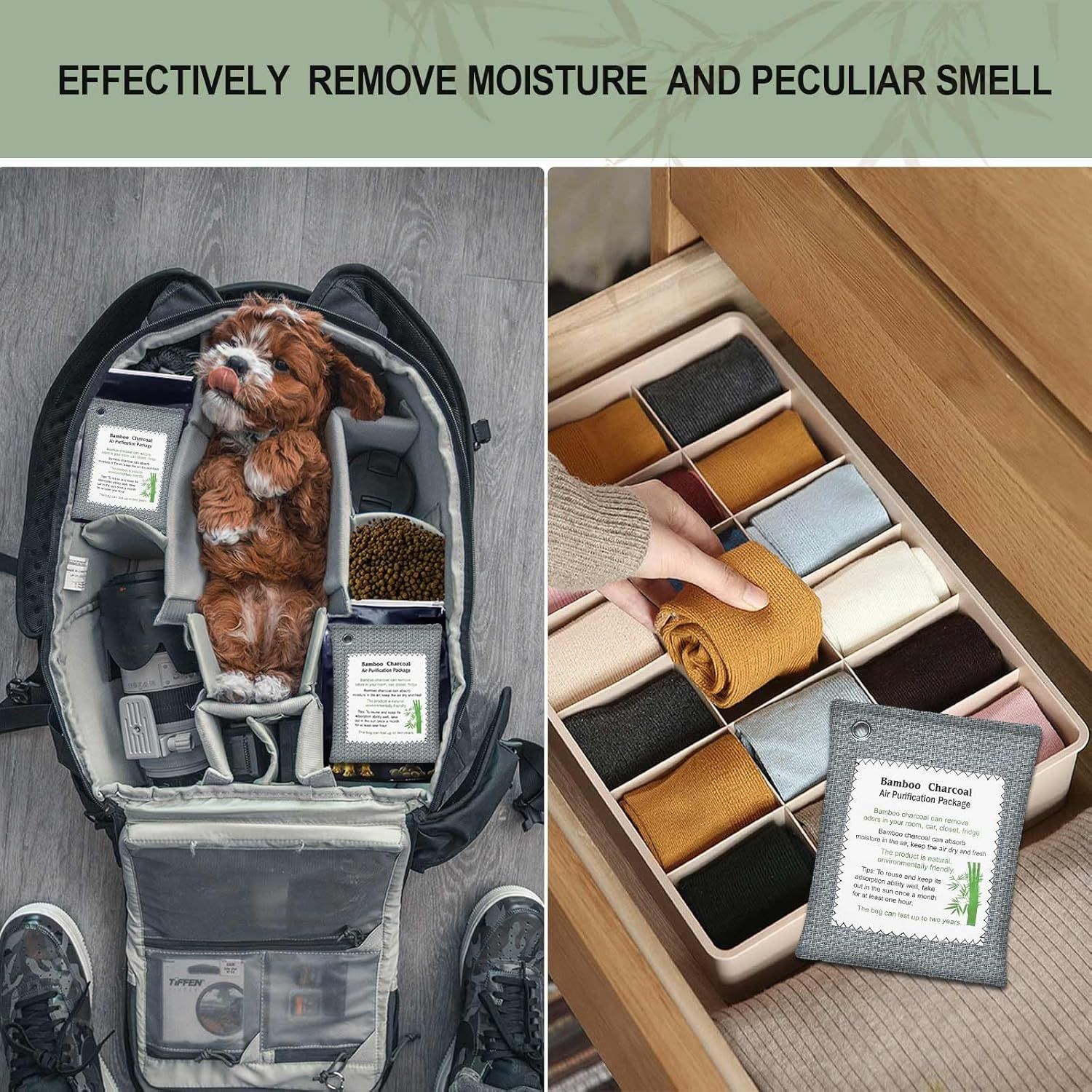 Demonstrates the product's versatility by showing it can be used in multiple environments—backpacks, drawers, and storage areas—to remove moisture and odors. Communicates the core benefit of…