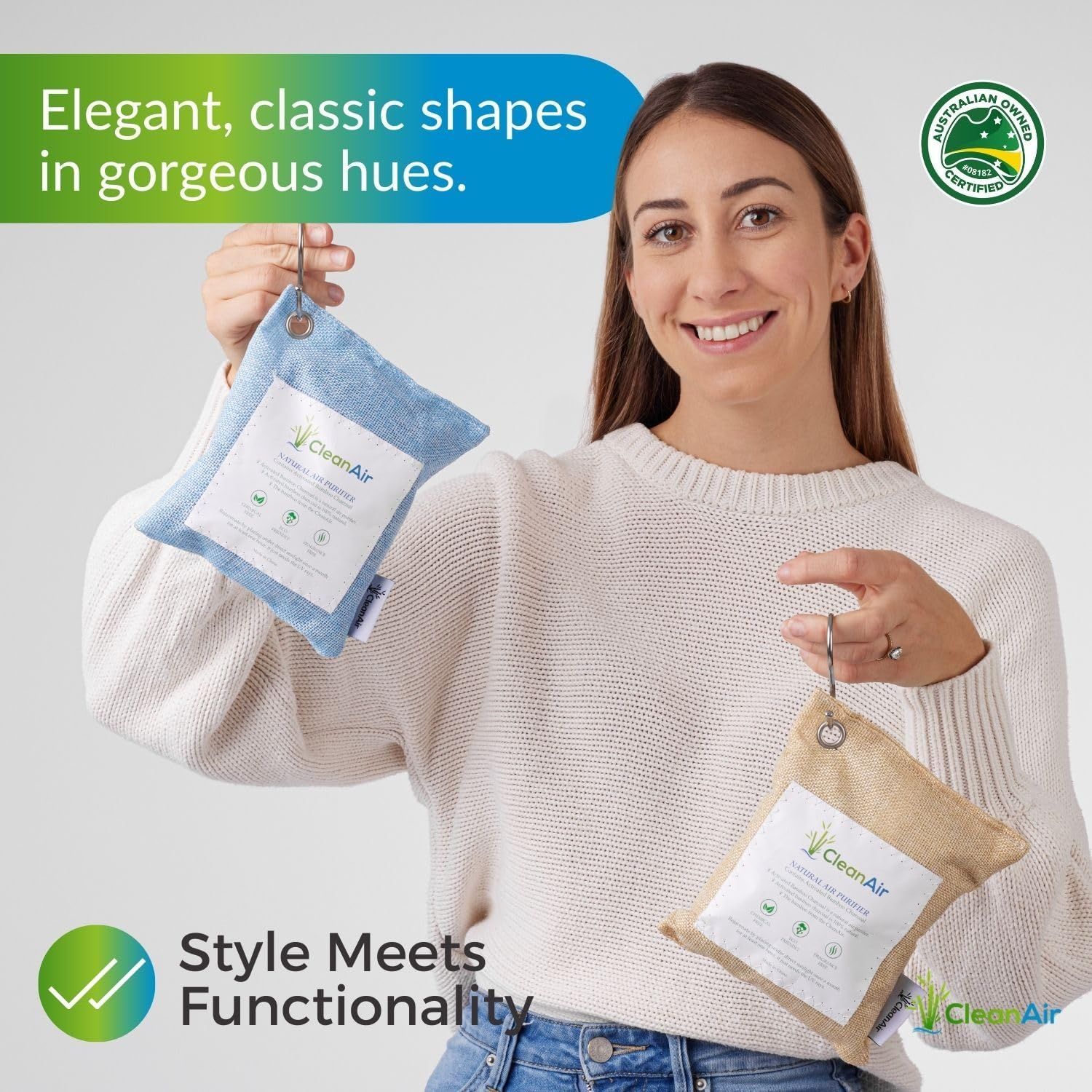 Showcases the brand's product line by displaying multiple color options (blue and yellow) of the air purifying bags, emphasizing style variety and the Australian Owned Certified brand identity.…