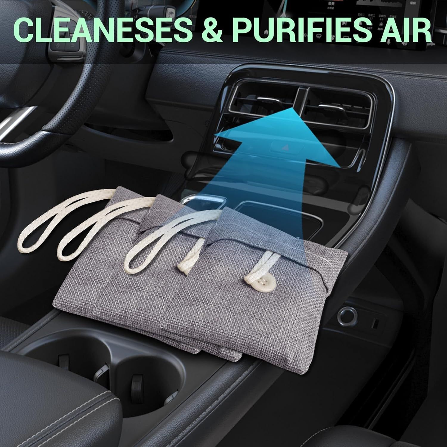 Demonstrates that the product cleanses and purifies air in a car environment, reassuring shoppers of improved air quality and freshness.