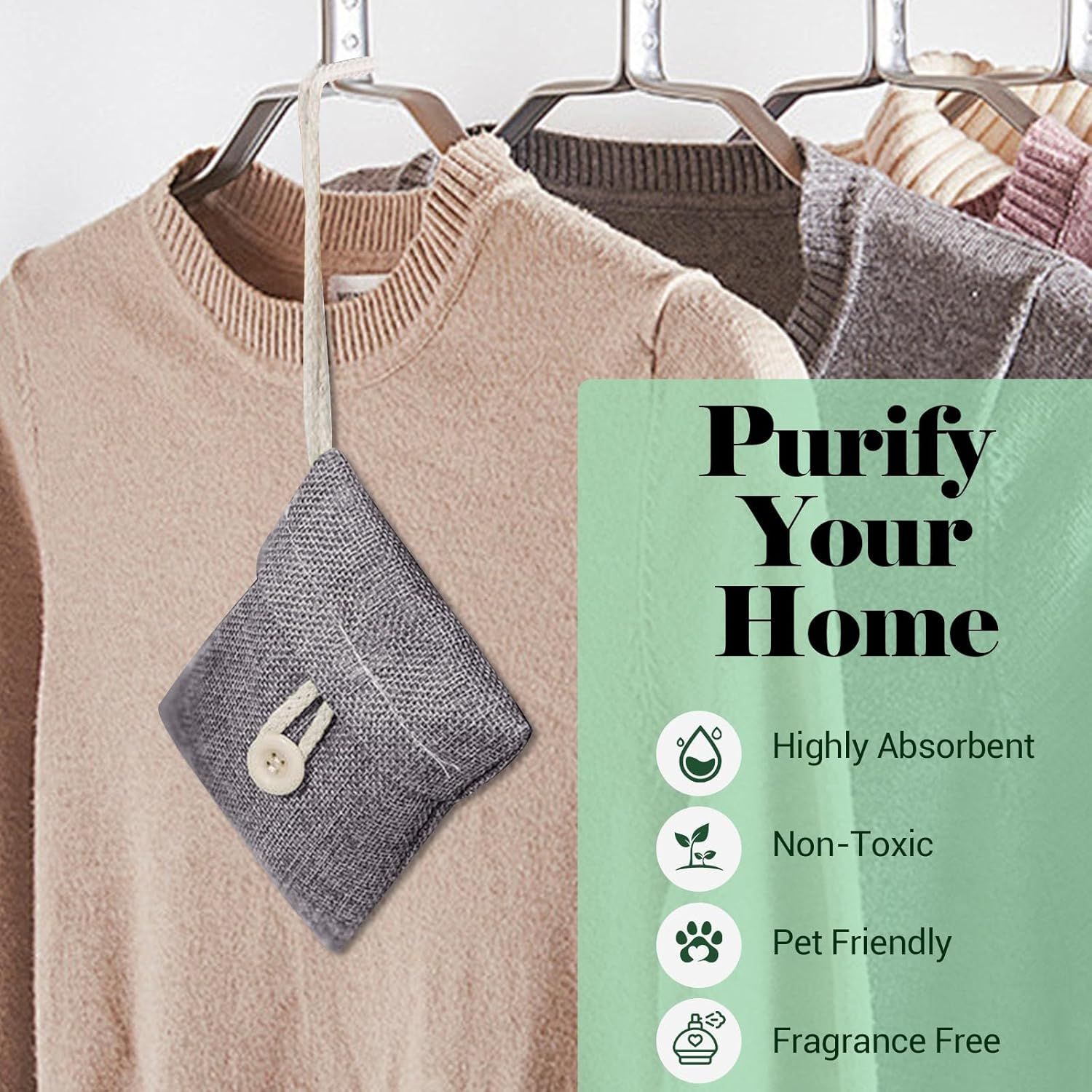 Communicates multiple key benefits of the air purifying product to reassure shoppers that it is safe, effective, and suitable for homes with pets.
