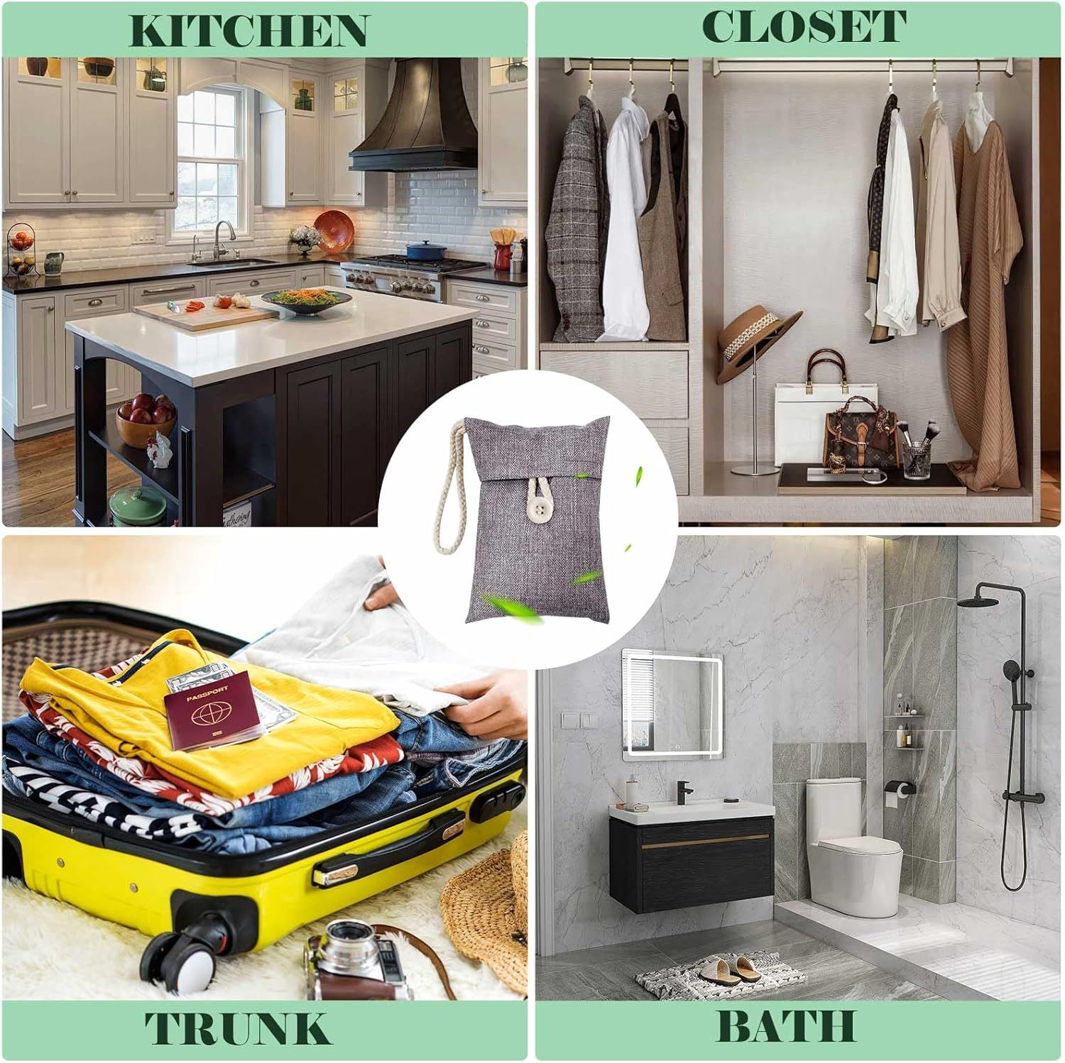 Demonstrates the product's versatility by showing it can be used in multiple rooms and environments throughout the home—kitchen, closet, luggage/trunk, and bathroom—to absorb odors and freshen spaces.