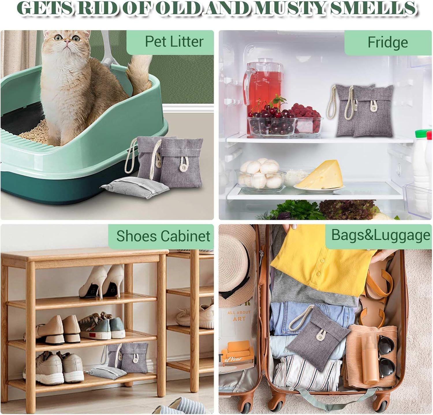 Demonstrates the product's versatility by showing it can eliminate odors in multiple household locations including pet litter areas, refrigerators, shoe cabinets, and luggage/bags. Communicates the…