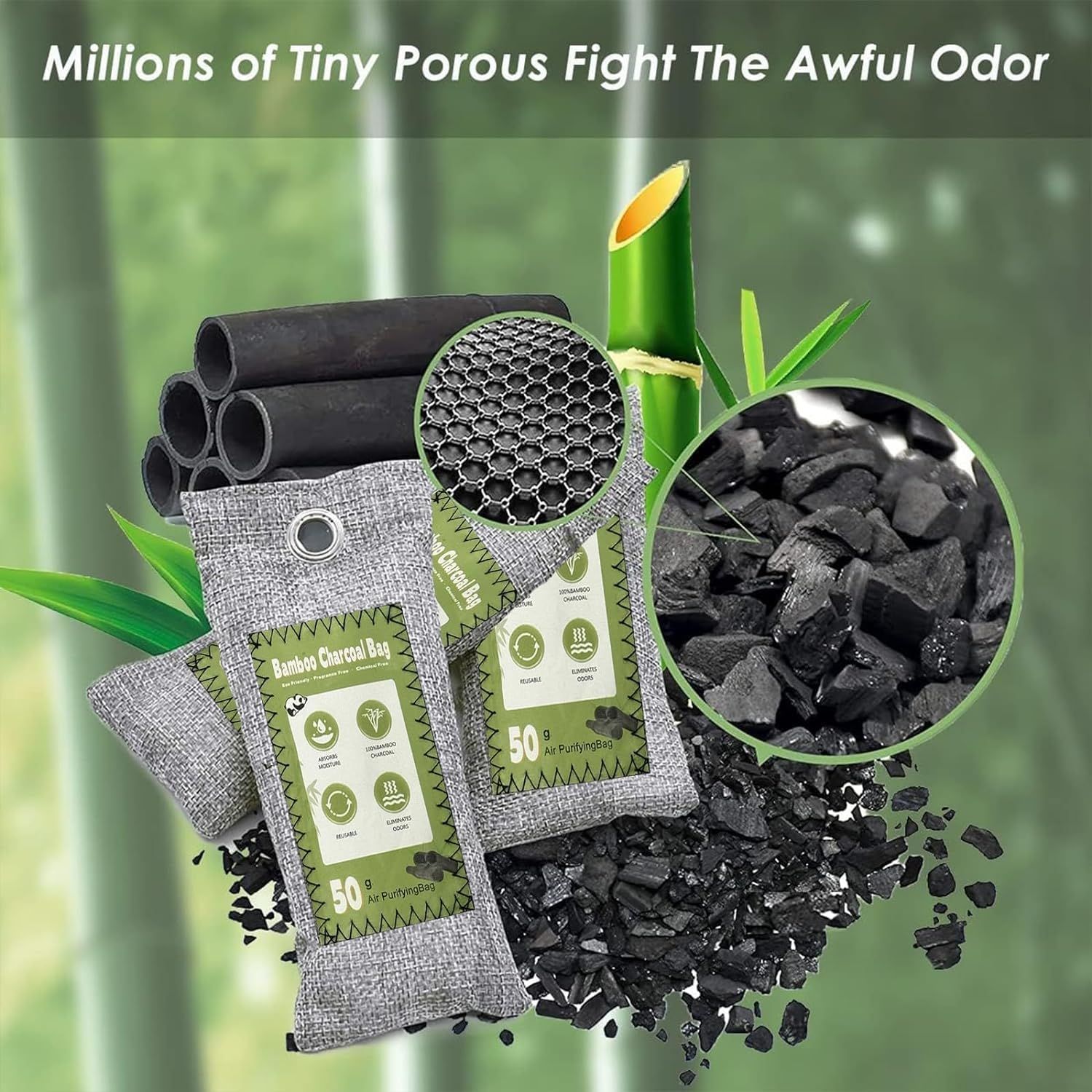 Breaks down the physical components of the bamboo charcoal air purifying bags to show how millions of tiny pores work to absorb and eliminate odors.