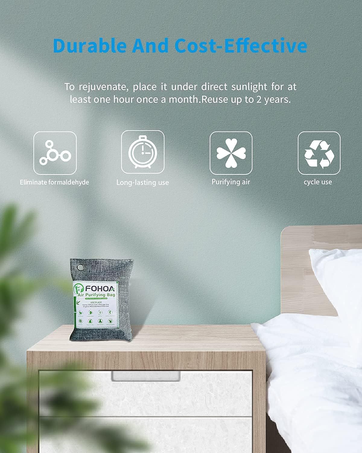 Communicates multiple distinct benefits of the air purifying bag including formaldehyde elimination, longevity (reuse up to 2 years), air purification, and recyclability to reassure shoppers of the…