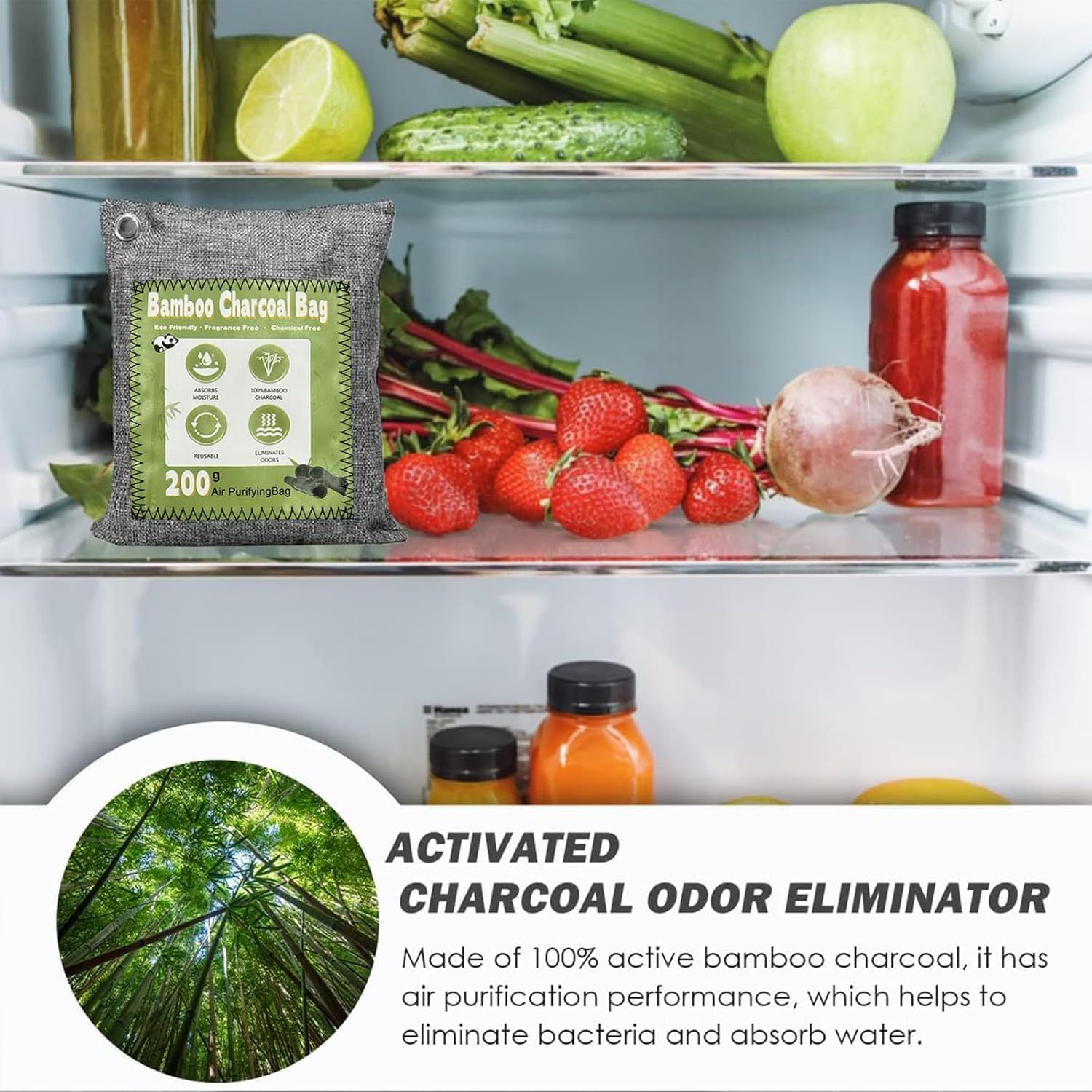 Communicates that the bamboo charcoal bag eliminates odors and purifies air in refrigerators, reassuring shoppers of its effectiveness in keeping food fresh.