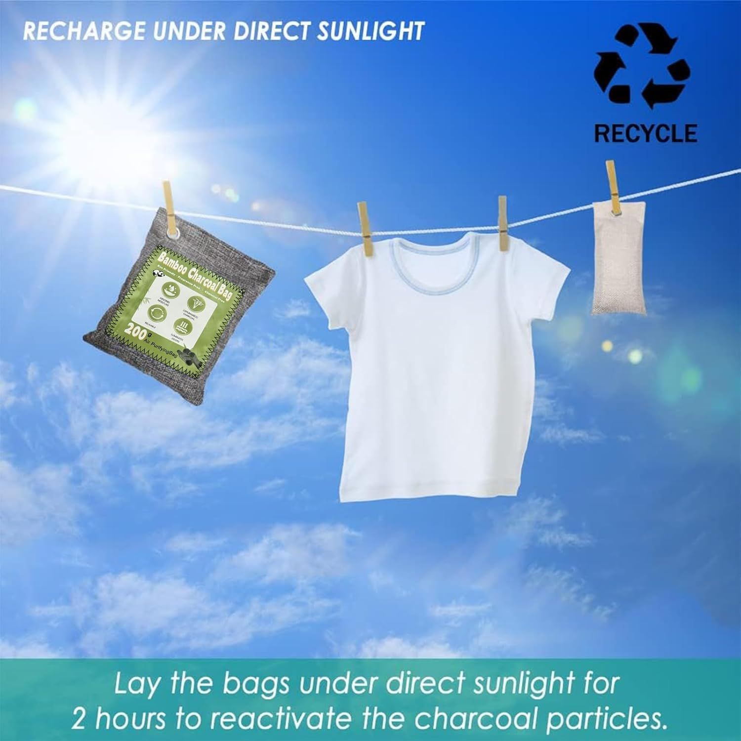 Explains how to recharge the charcoal bags by placing them under direct sunlight for 2 hours, demonstrating ease of use and maintenance. Highlights the product's environmental responsibility with…