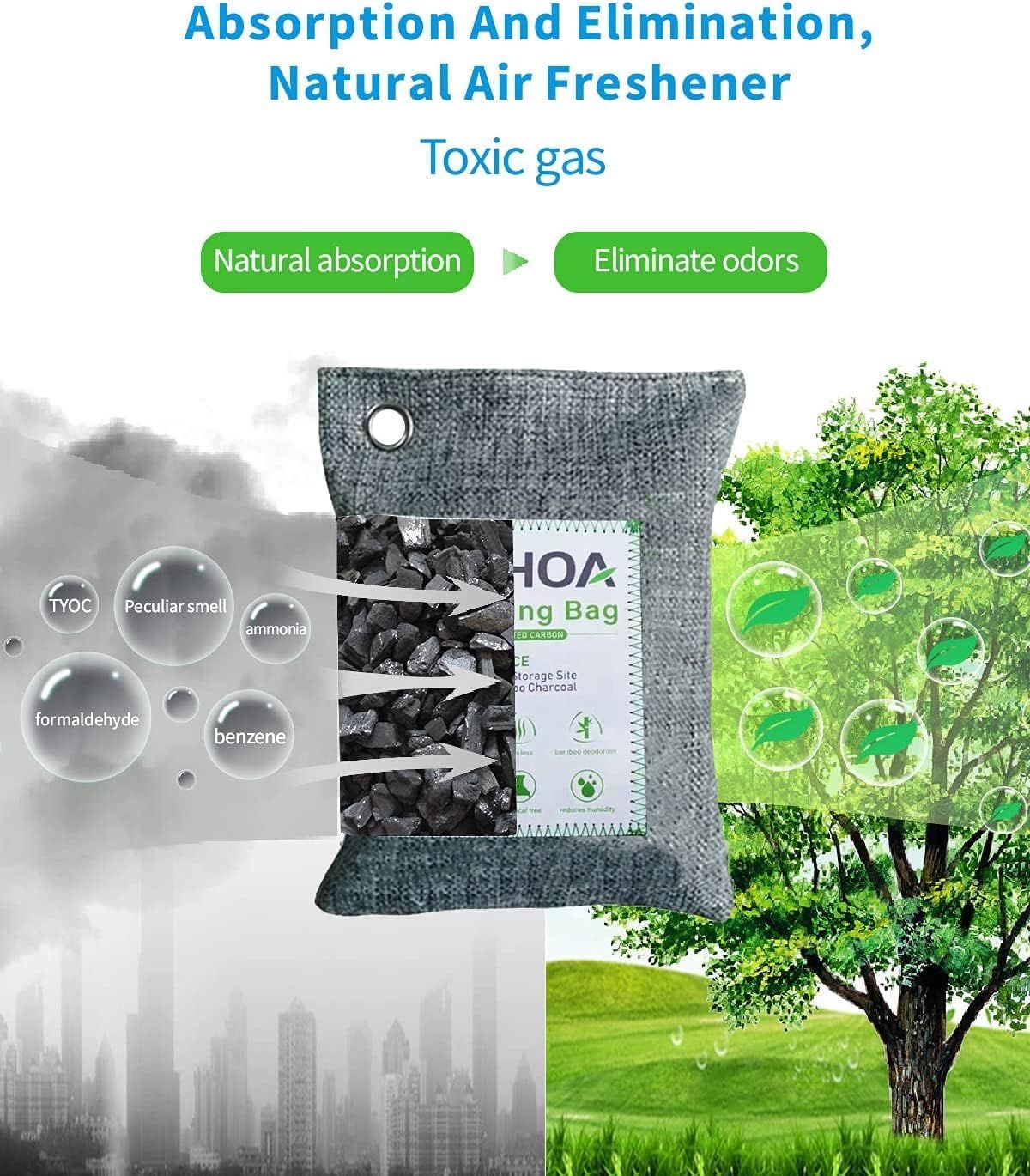 Explains how the natural air freshener works by absorbing toxic gases through bamboo charcoal and eliminating odors, transforming polluted air into clean, fresh air. Highlights the product's natural…