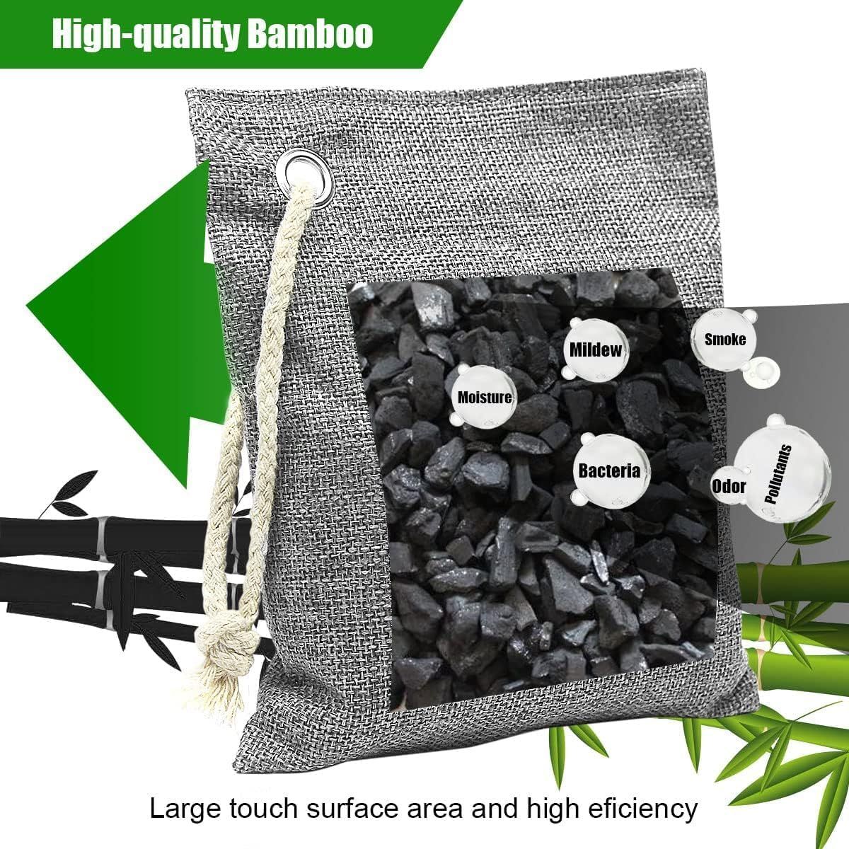 Demonstrates the multiple protective benefits of the bamboo charcoal air purifying bag, showing how it eliminates moisture, mildew, bacteria, smoke, odors, and pollutants to reassure shoppers of its…