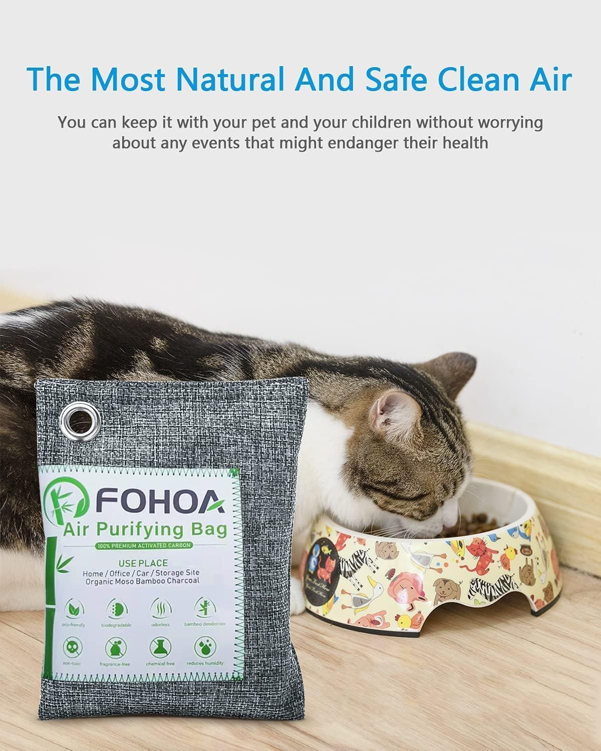Reassures shoppers that the air purifying bag is natural, safe, and non-toxic for use around pets and children, addressing health and safety concerns. Communicates the primary benefit that the…