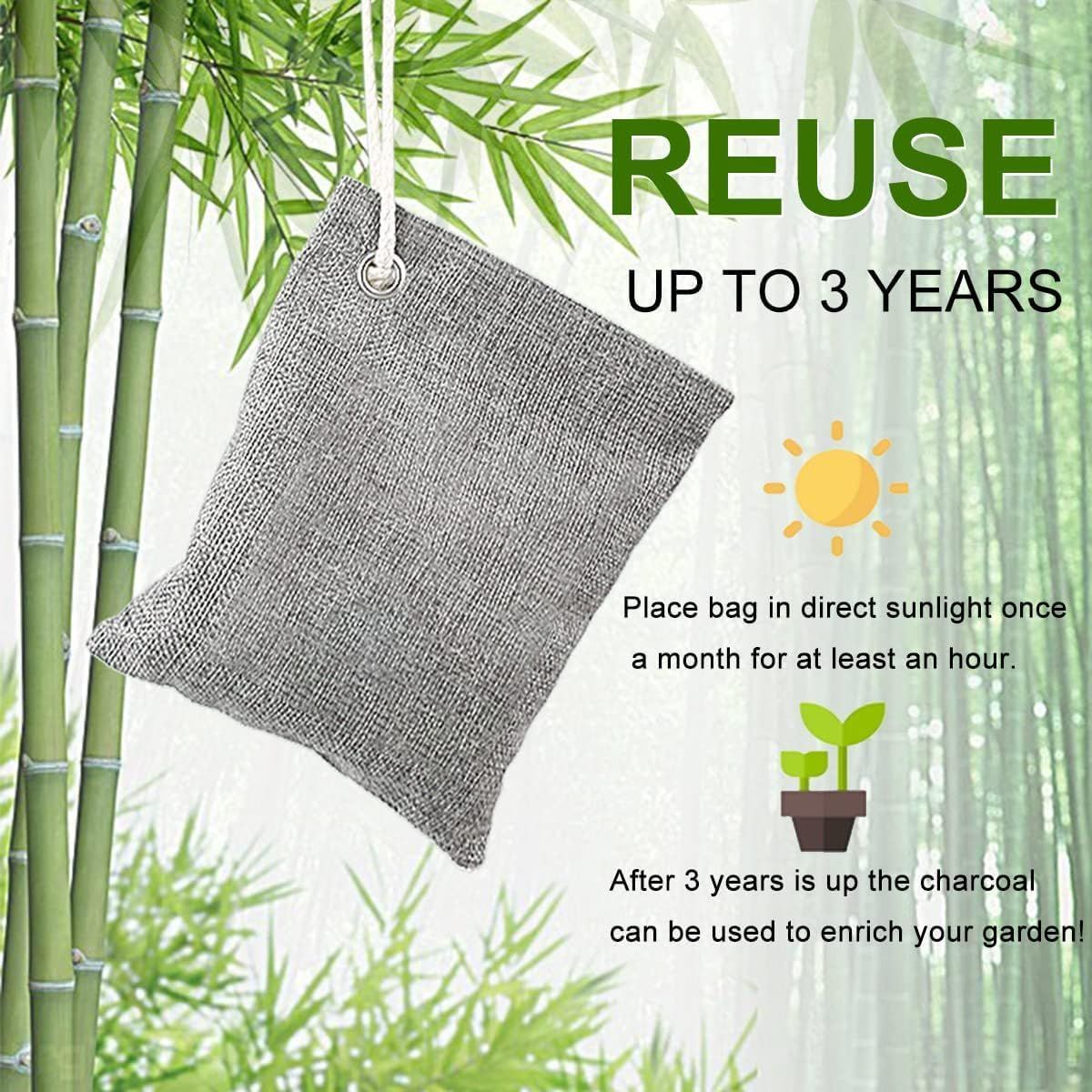 Explains how to maintain and reuse the product over 3 years by placing it in sunlight monthly, and how to repurpose the charcoal afterward, emphasizing sustainability and longevity. Highlights the…