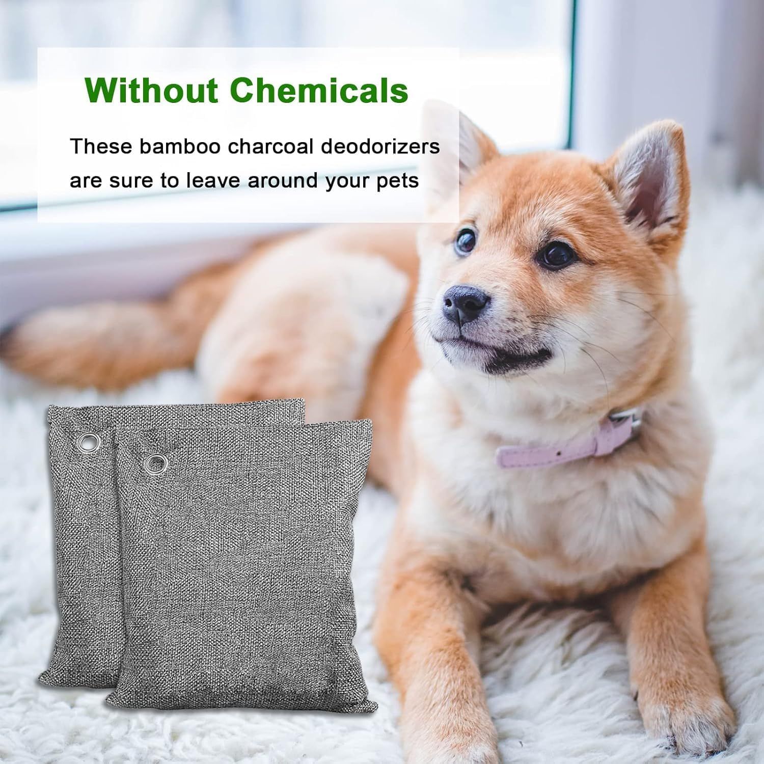 Reassures pet owners that the bamboo charcoal deodorizers are safe to use around their pets by emphasizing the absence of harmful chemicals. Communicates the primary benefit that the product is safe…