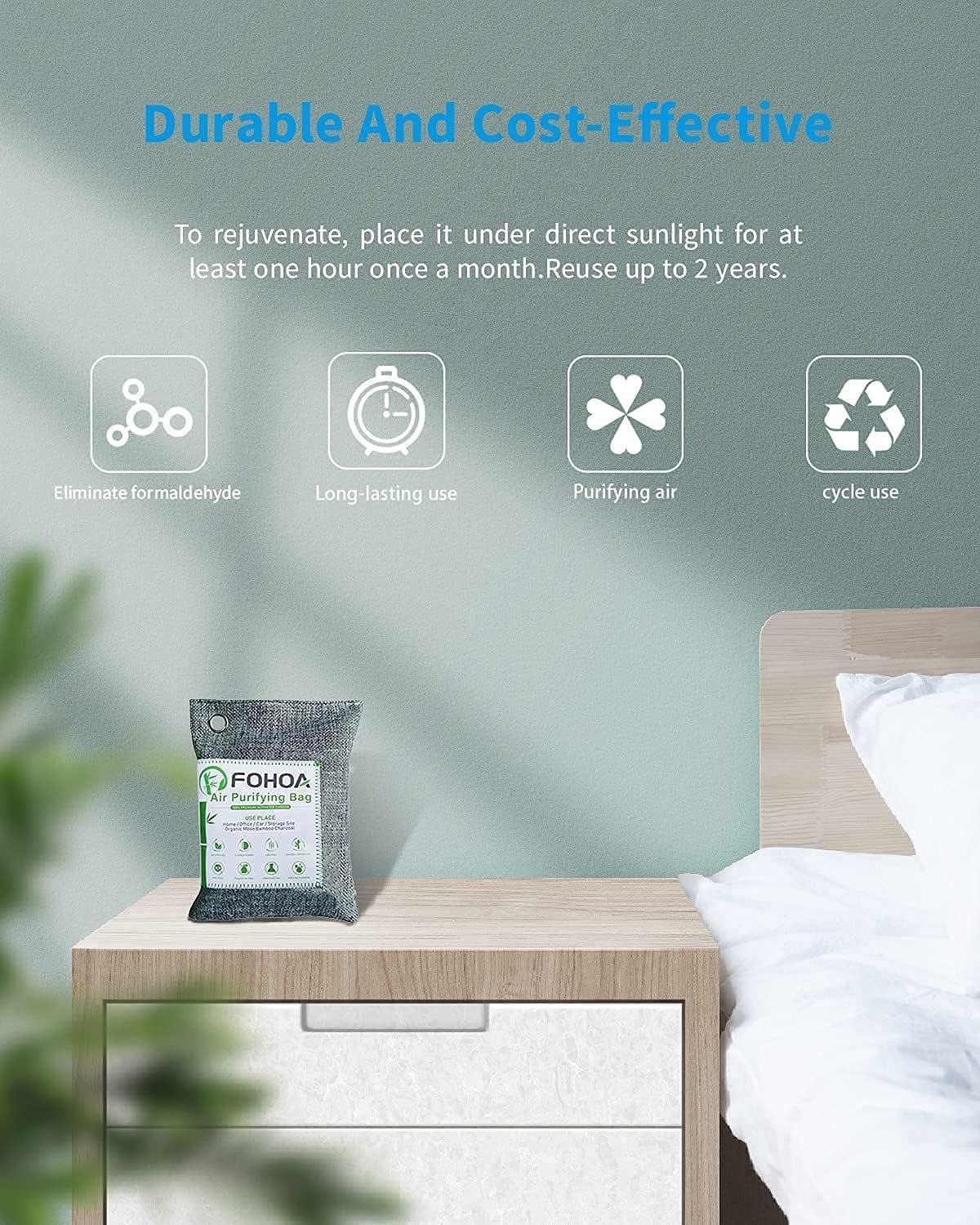 Communicates multiple distinct benefits of the air purifying bag through a segmented icon layout, emphasizing durability, cost-effectiveness, environmental safety, and reusability to reassure…