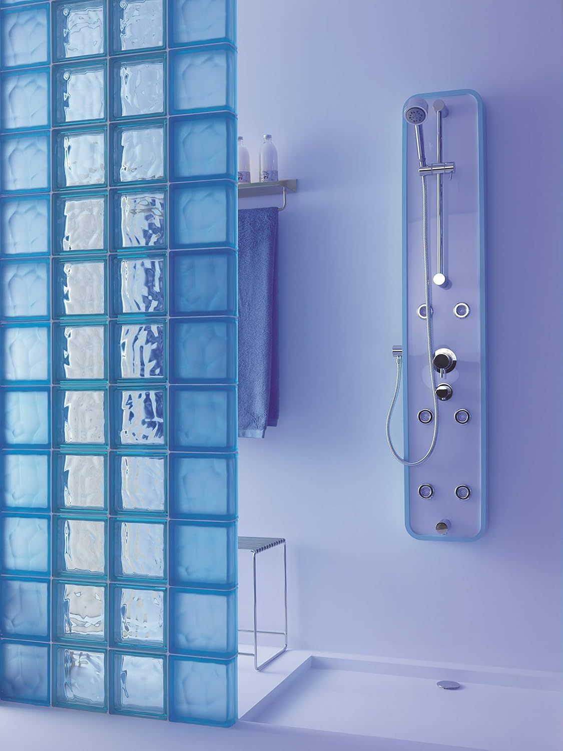 Shows the shower panel product installed in a real bathroom setting to help shoppers visualize how it looks in use and fits within their space.