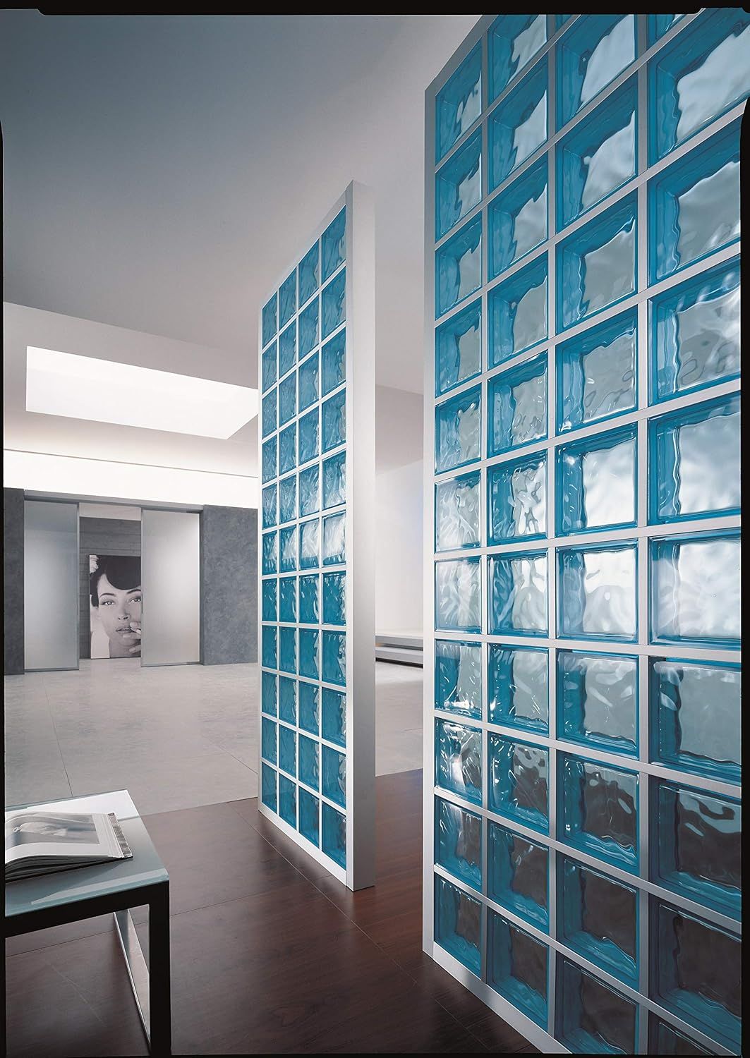 Demonstrates the product (glass blocks) installed in a real-world modern interior setting to show shoppers how it looks and functions as a design element in an actual space.