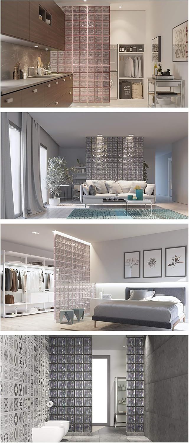 Demonstrates the versatility of the decorative glass block/panel product by showing it used as a stylish room divider across multiple interior settings including kitchen, living room, bedroom, and…